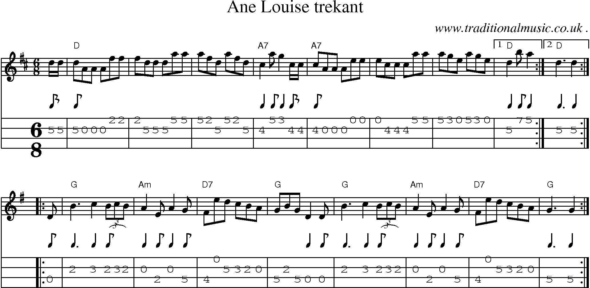 Sheet-music  score, Chords and Mandolin Tabs for Ane Louise Trekant