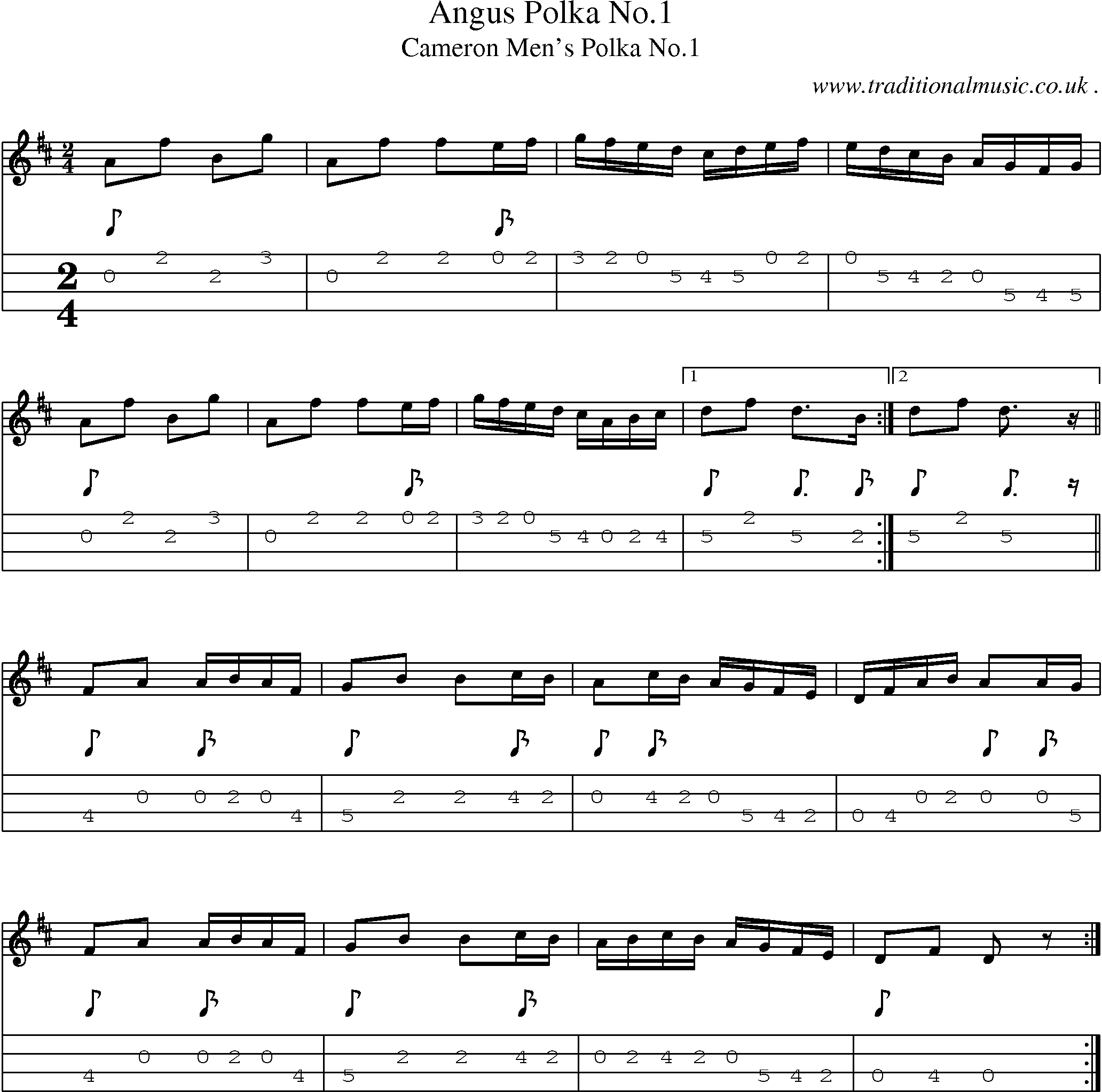Sheet-music  score, Chords and Mandolin Tabs for Angus Polka No1