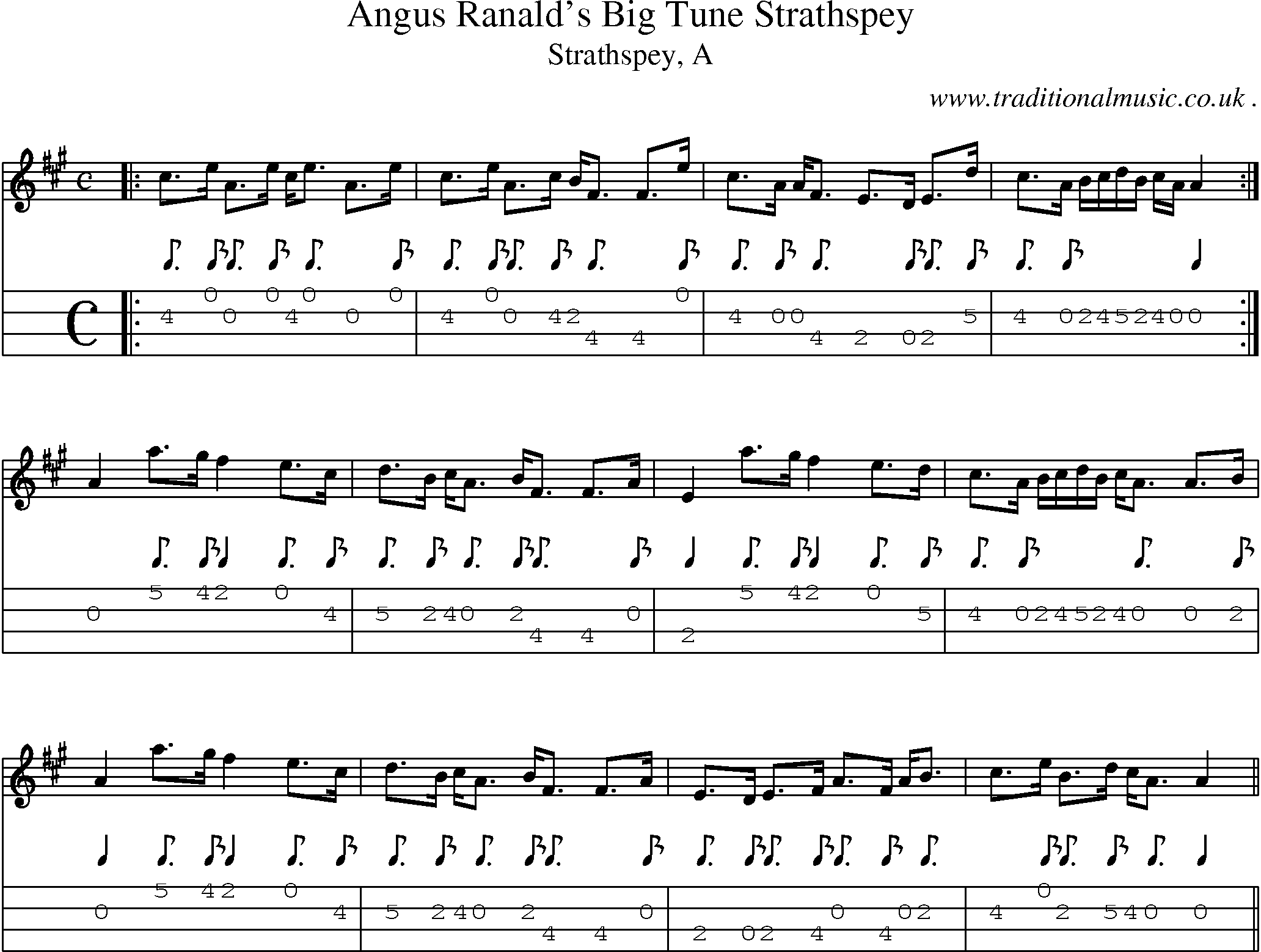 Sheet-music  score, Chords and Mandolin Tabs for Angus Ranalds Big Tune Strathspey