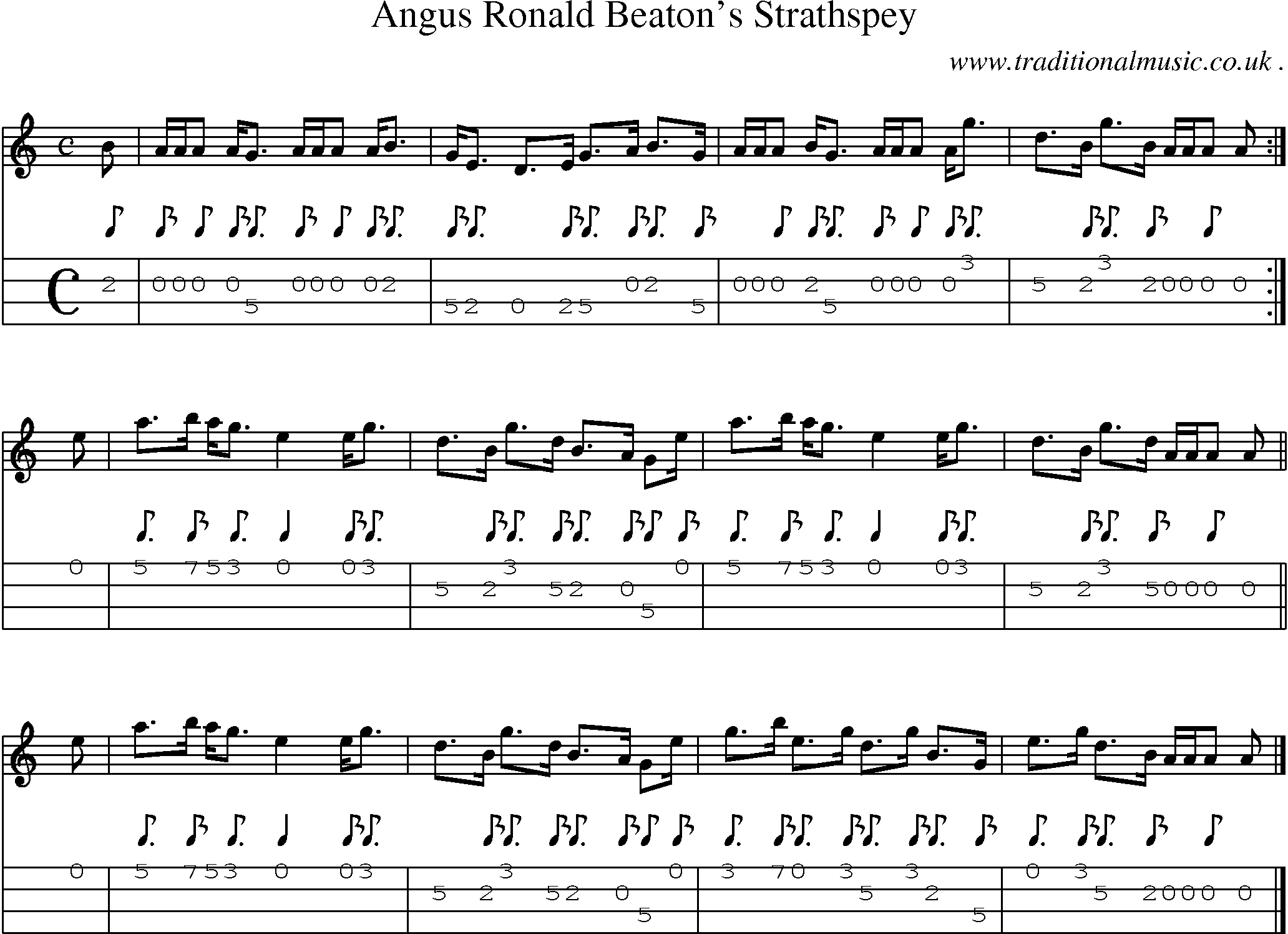 Sheet-music  score, Chords and Mandolin Tabs for Angus Ronald Beatons Strathspey