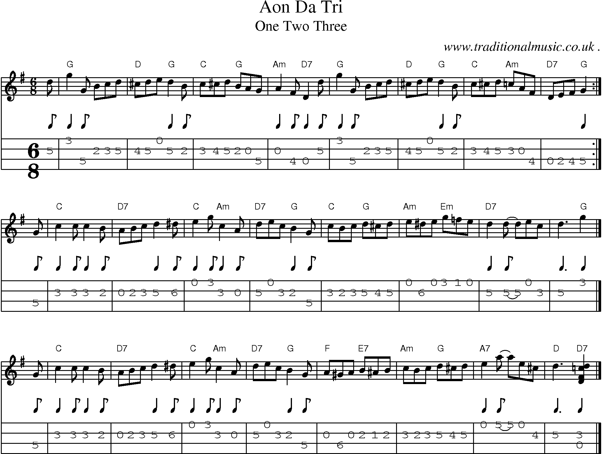 Sheet-music  score, Chords and Mandolin Tabs for Aon Da Tri