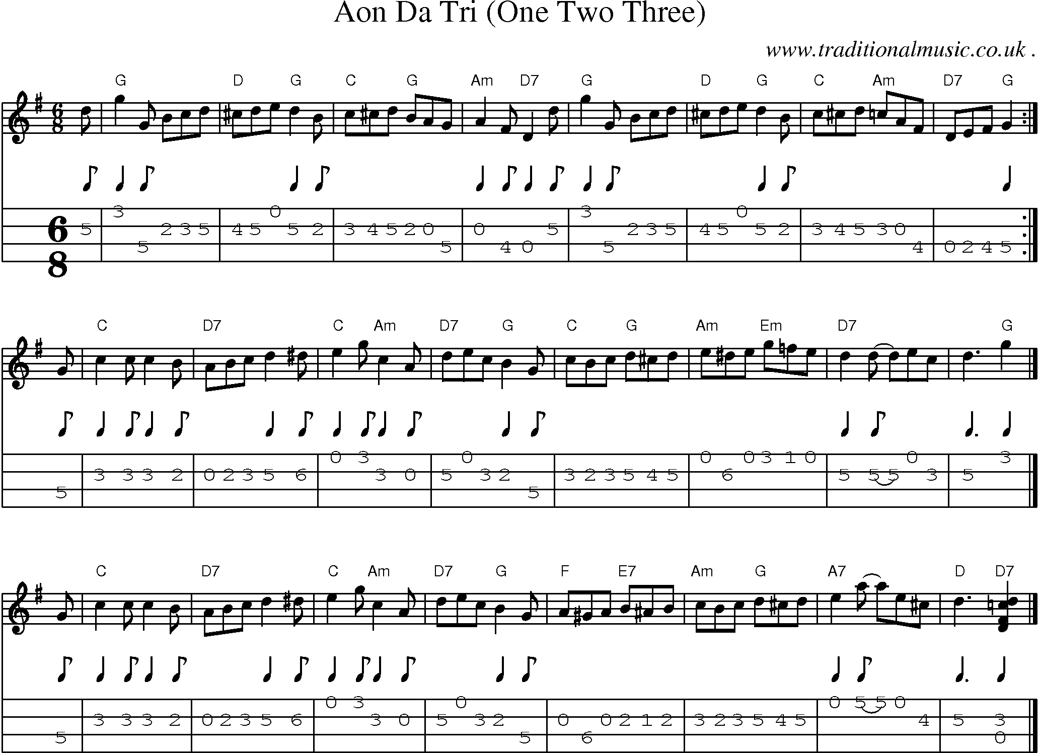 Sheet-music  score, Chords and Mandolin Tabs for Aon Da Tri One Two Three