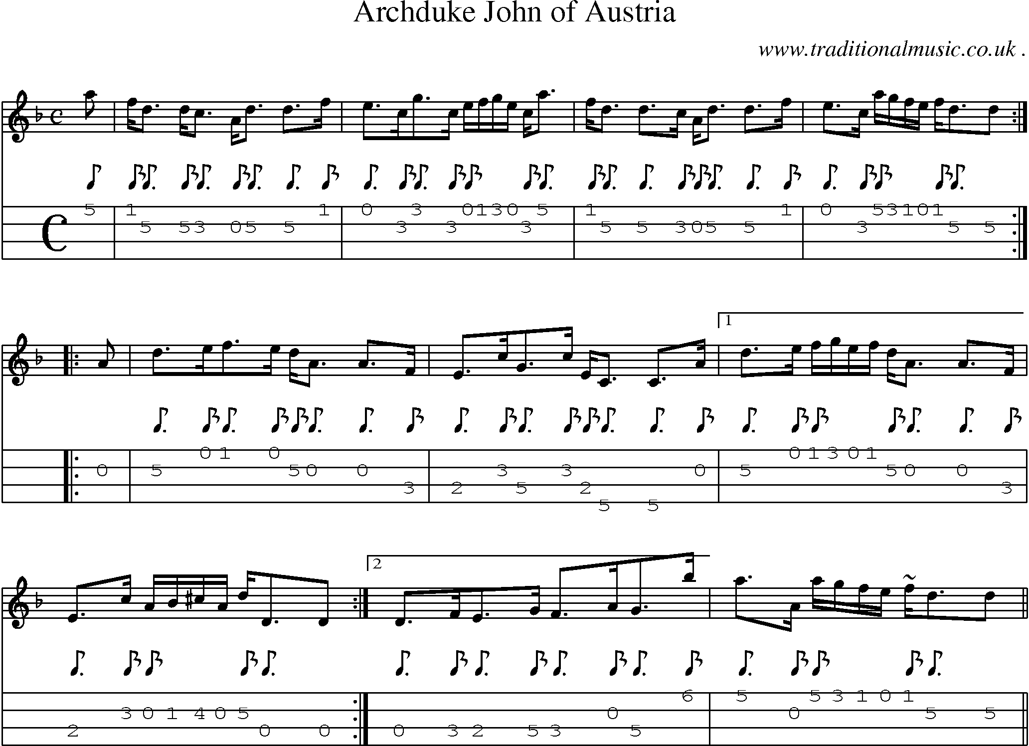 Sheet-music  score, Chords and Mandolin Tabs for Archduke John Of Austria