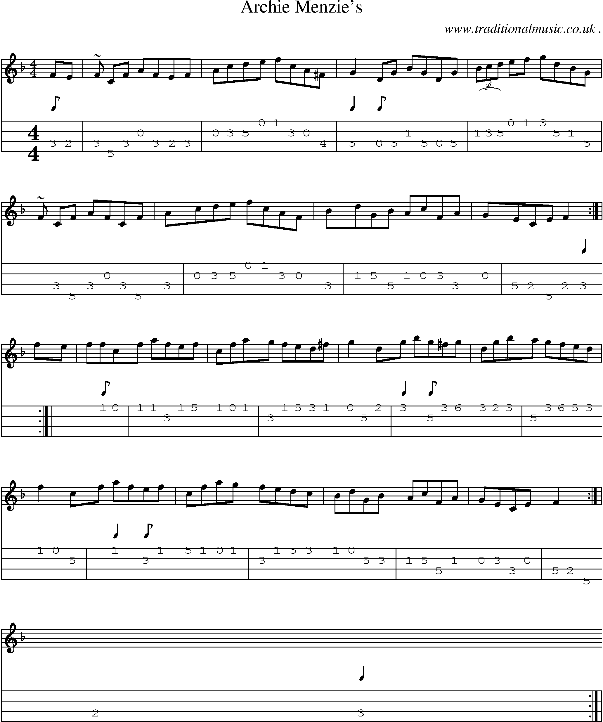 Sheet-music  score, Chords and Mandolin Tabs for Archie Menzies1