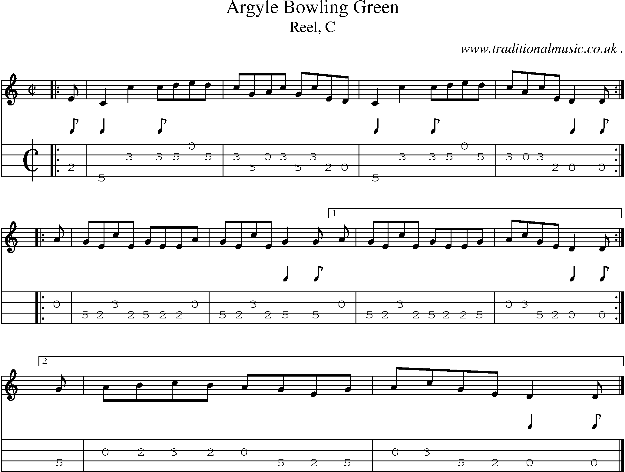 Sheet-music  score, Chords and Mandolin Tabs for Argyle Bowling Green