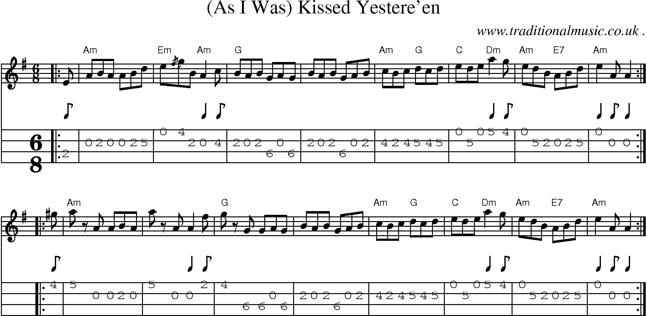Sheet-music  score, Chords and Mandolin Tabs for As I Was Kissed Yestereen