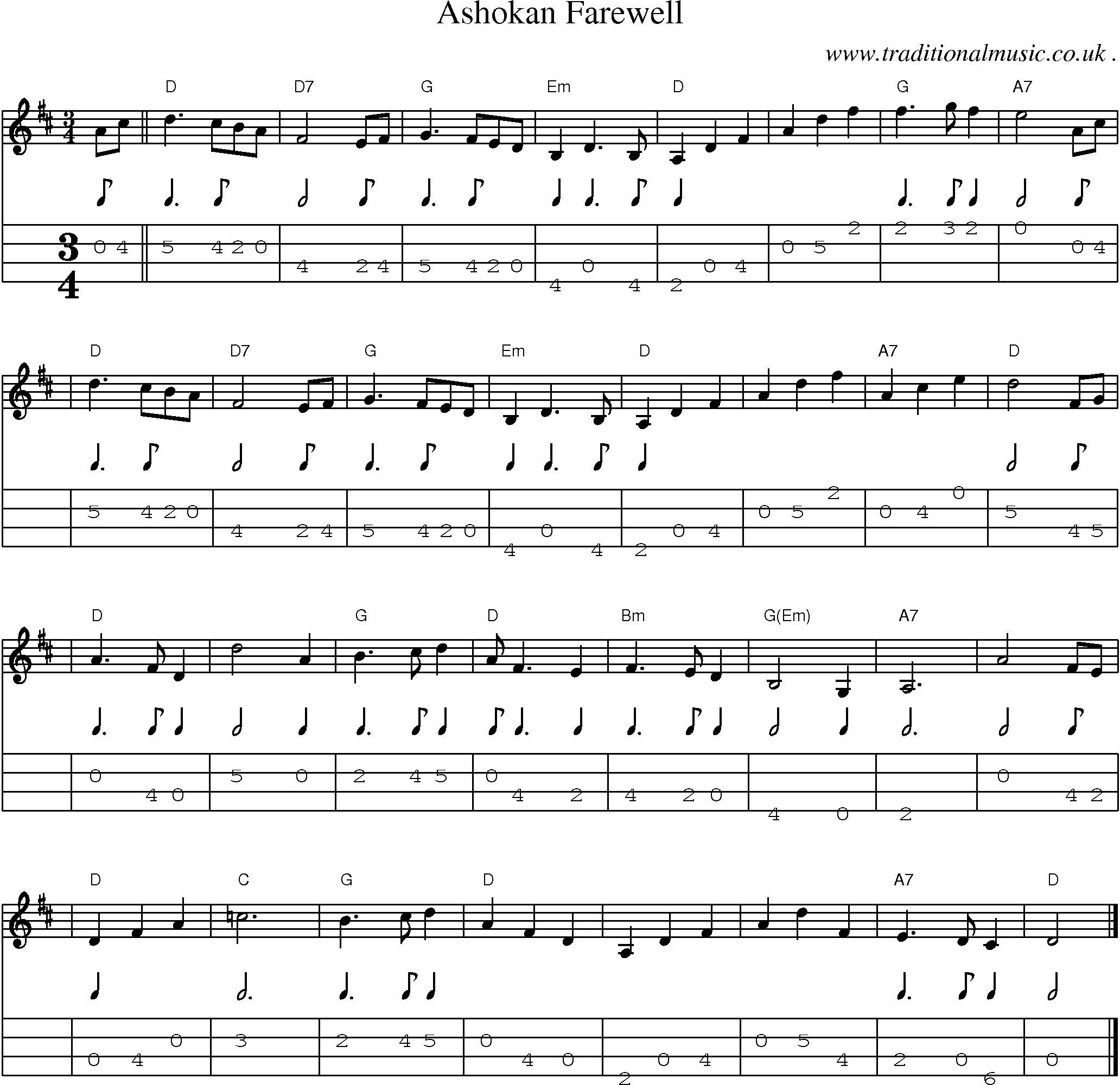 Sheet-music  score, Chords and Mandolin Tabs for Ashokan Farewell