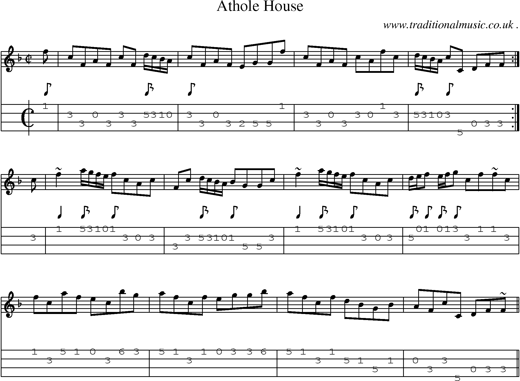 Sheet-music  score, Chords and Mandolin Tabs for Athole House