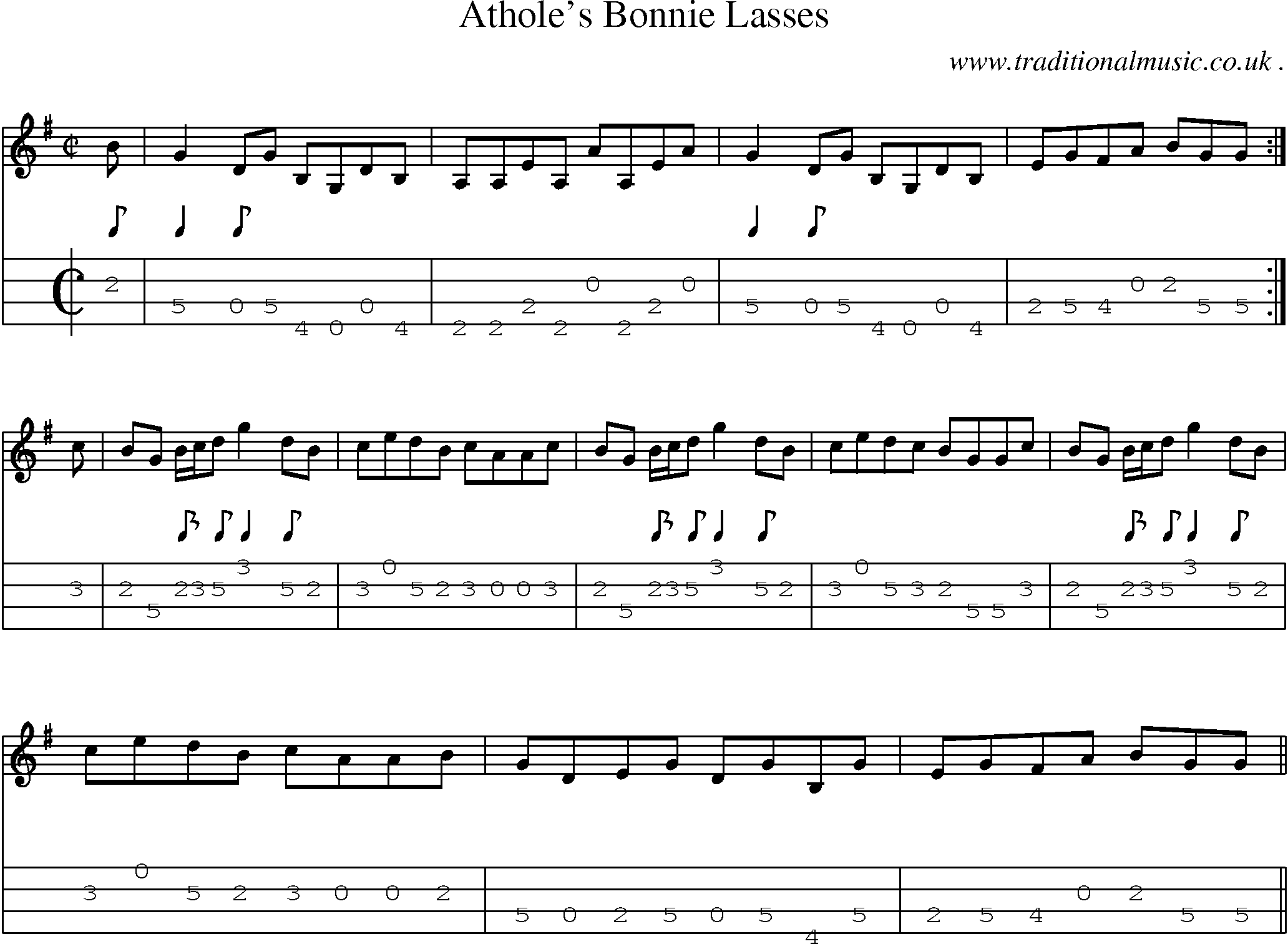 Sheet-music  score, Chords and Mandolin Tabs for Atholes Bonnie Lasses