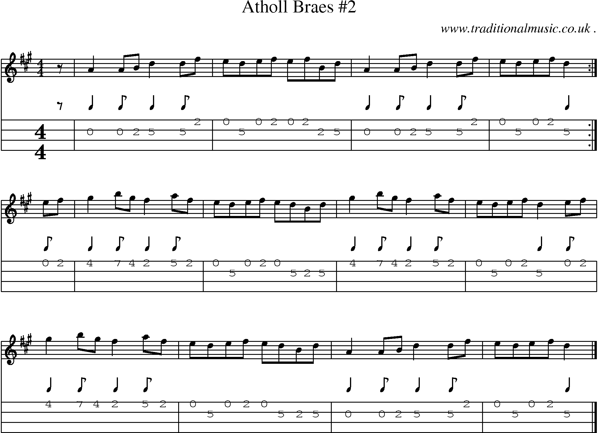 Sheet-music  score, Chords and Mandolin Tabs for Atholl Braes 2