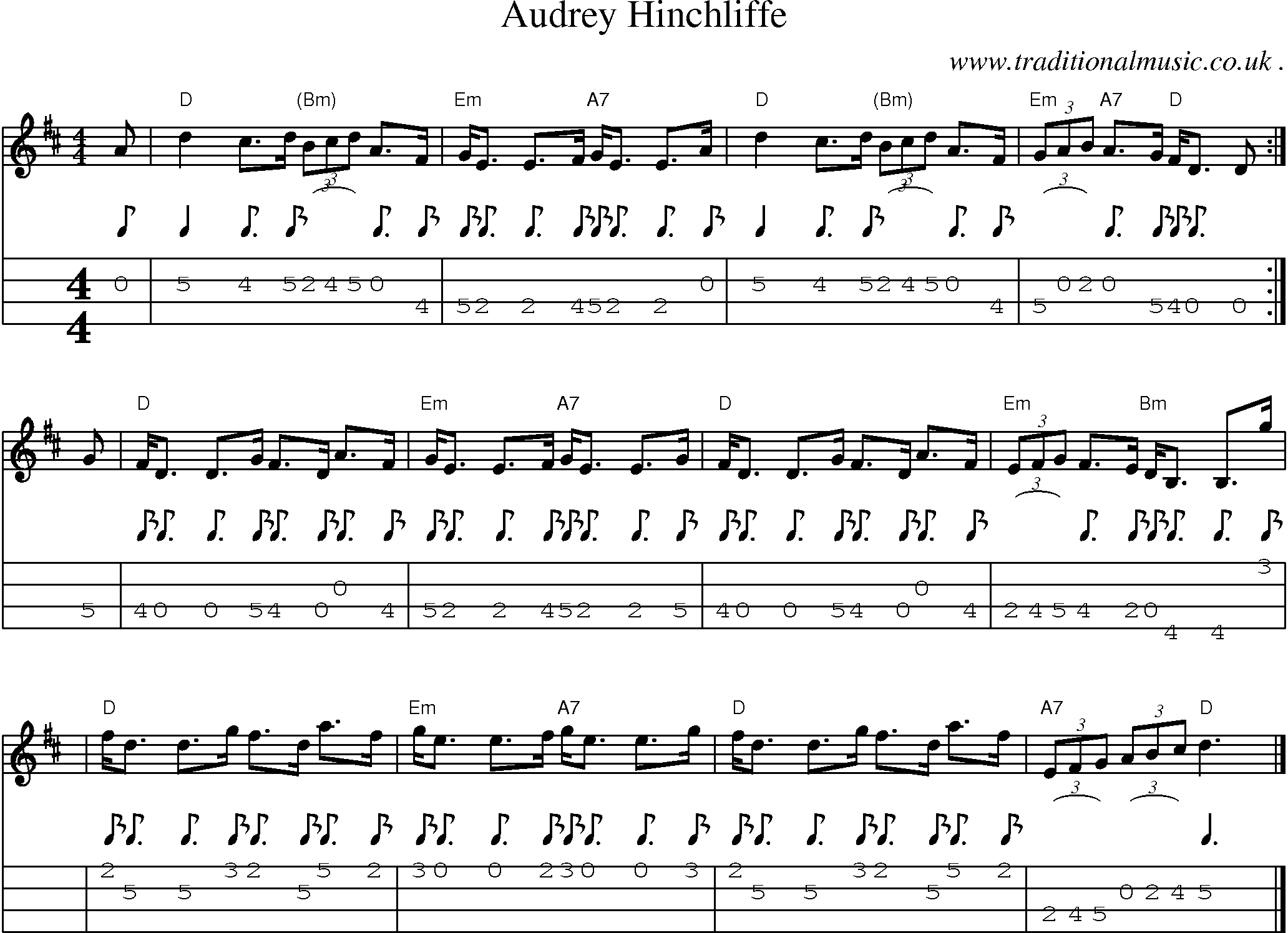 Sheet-music  score, Chords and Mandolin Tabs for Audrey Hinchliffe