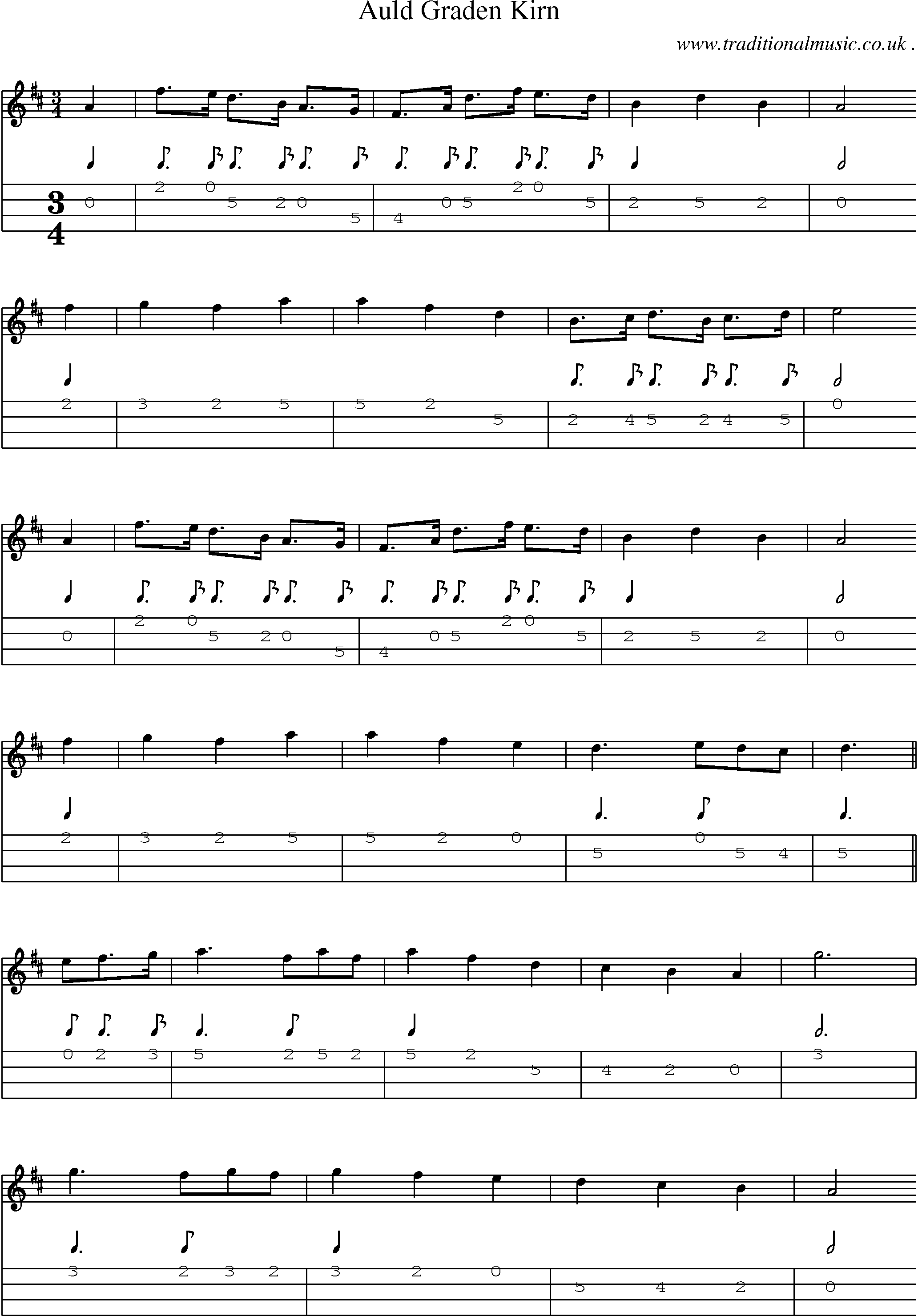 Sheet-music  score, Chords and Mandolin Tabs for Auld Graden Kirn