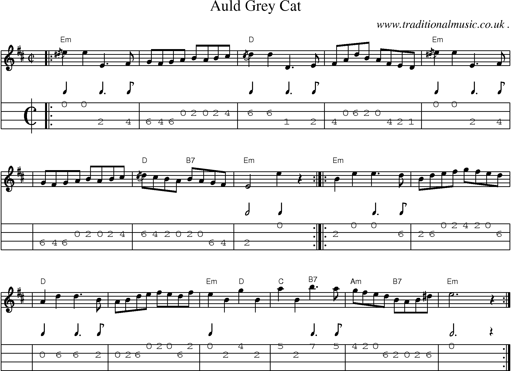 Sheet-music  score, Chords and Mandolin Tabs for Auld Grey Cat