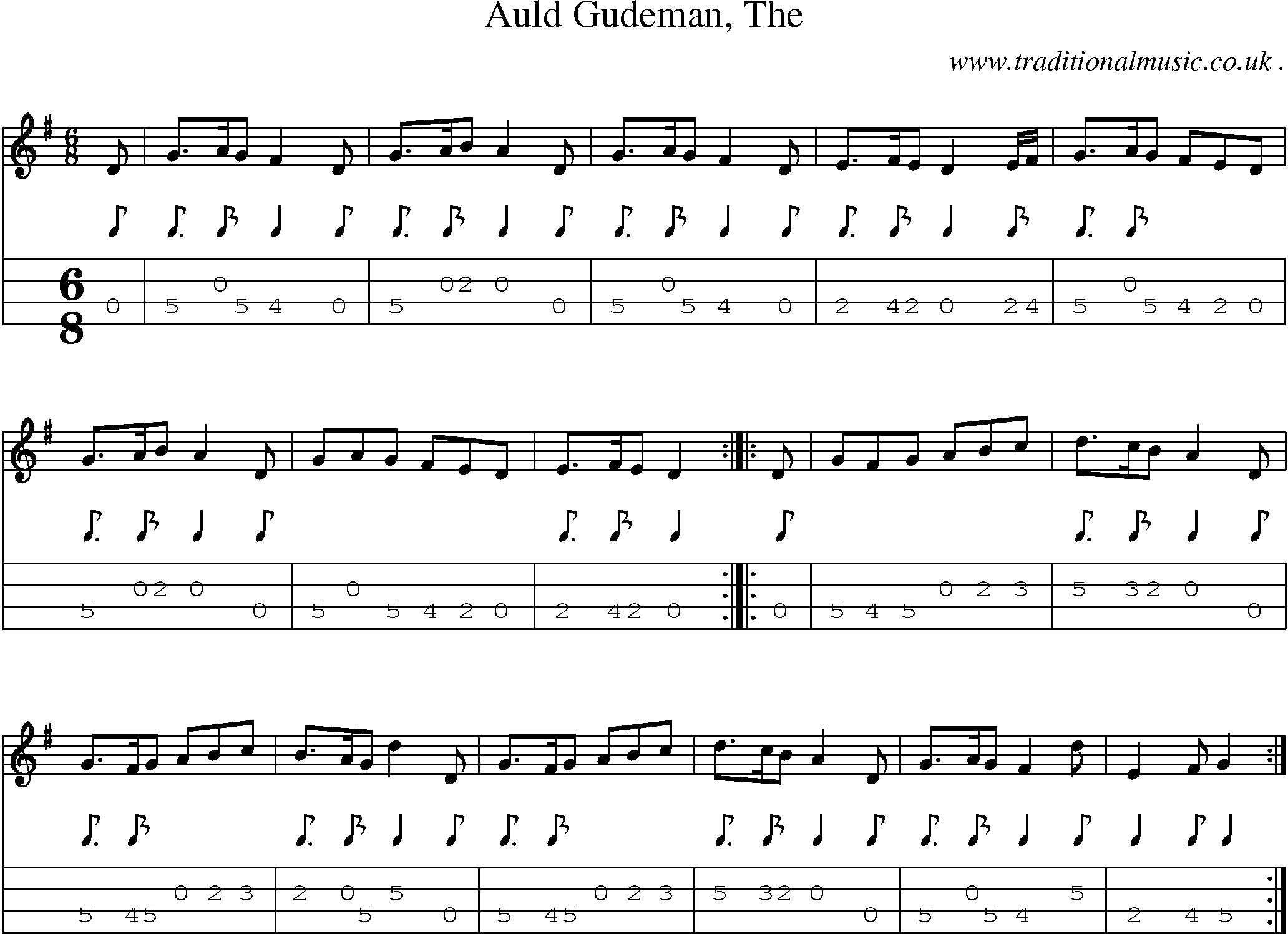 Sheet-music  score, Chords and Mandolin Tabs for Auld Gudeman The