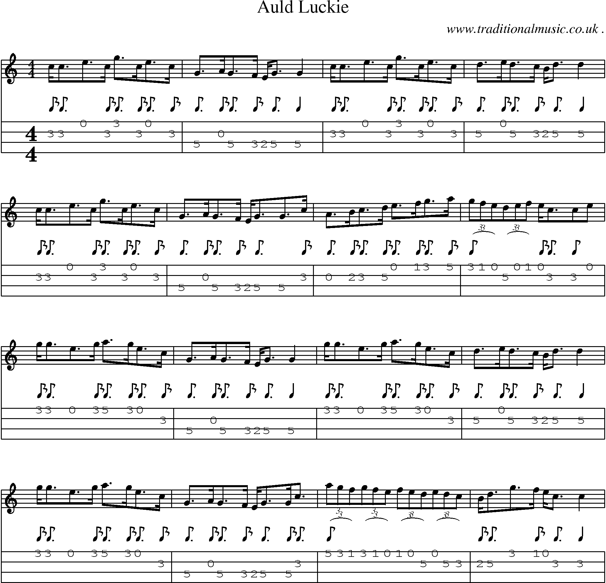 Sheet-music  score, Chords and Mandolin Tabs for Auld Luckie