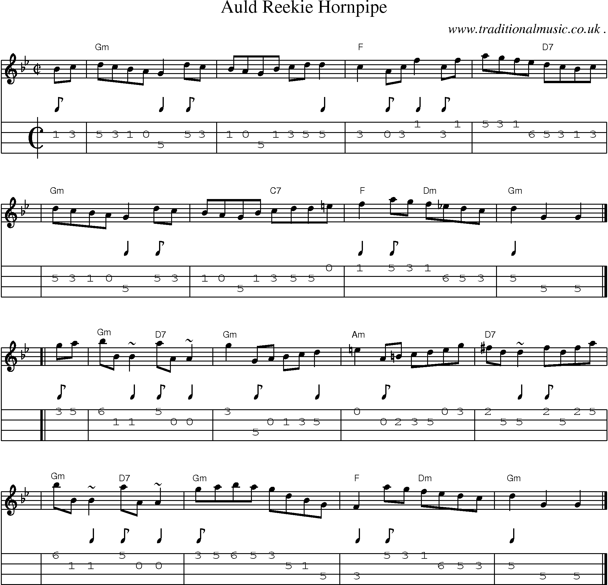 Sheet-music  score, Chords and Mandolin Tabs for Auld Reekie Hornpipe