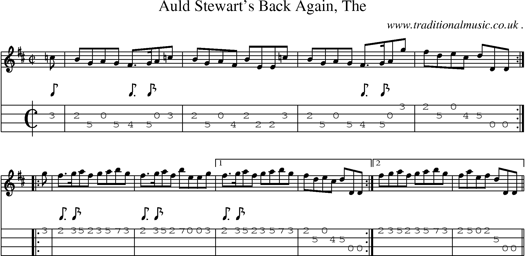 Sheet-music  score, Chords and Mandolin Tabs for Auld Stewarts Back Again The