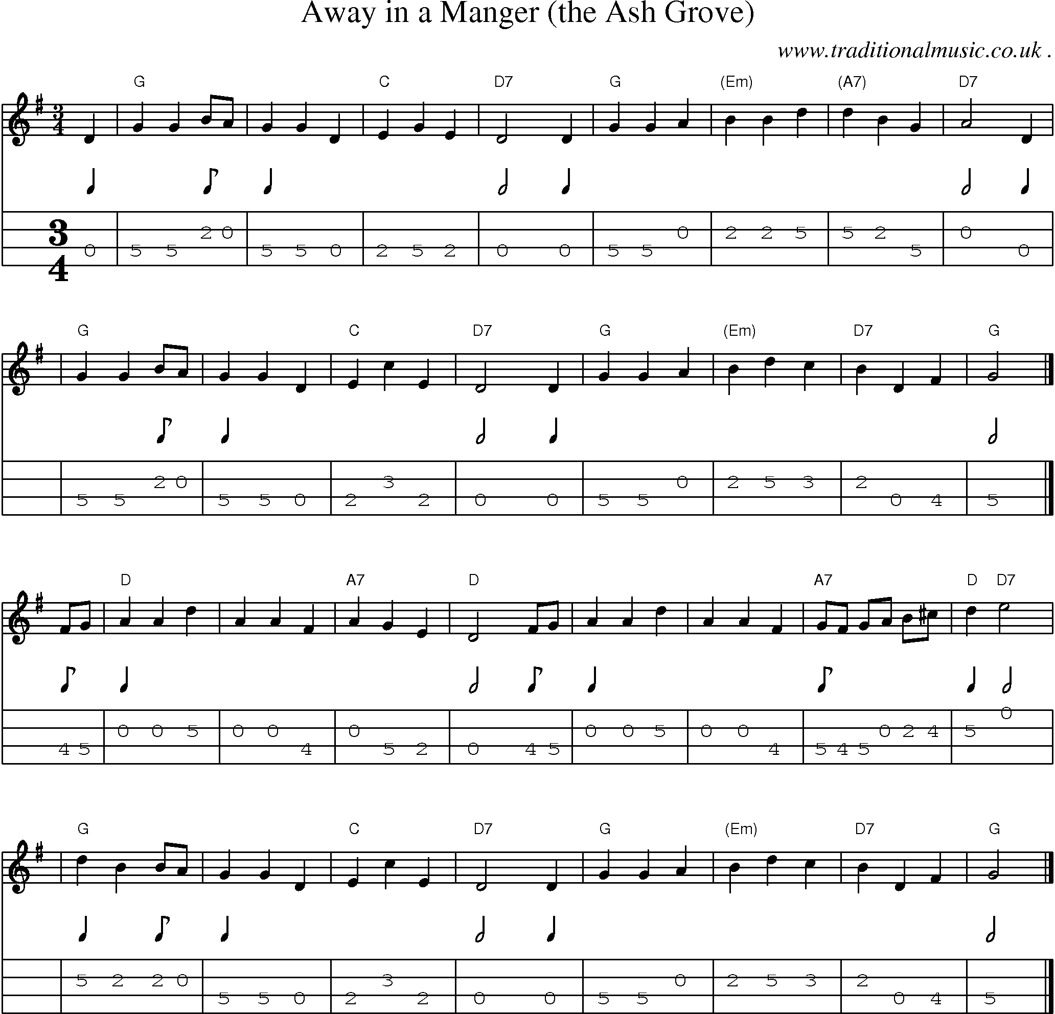 Sheet-music  score, Chords and Mandolin Tabs for Away In A Manger The Ash Grove