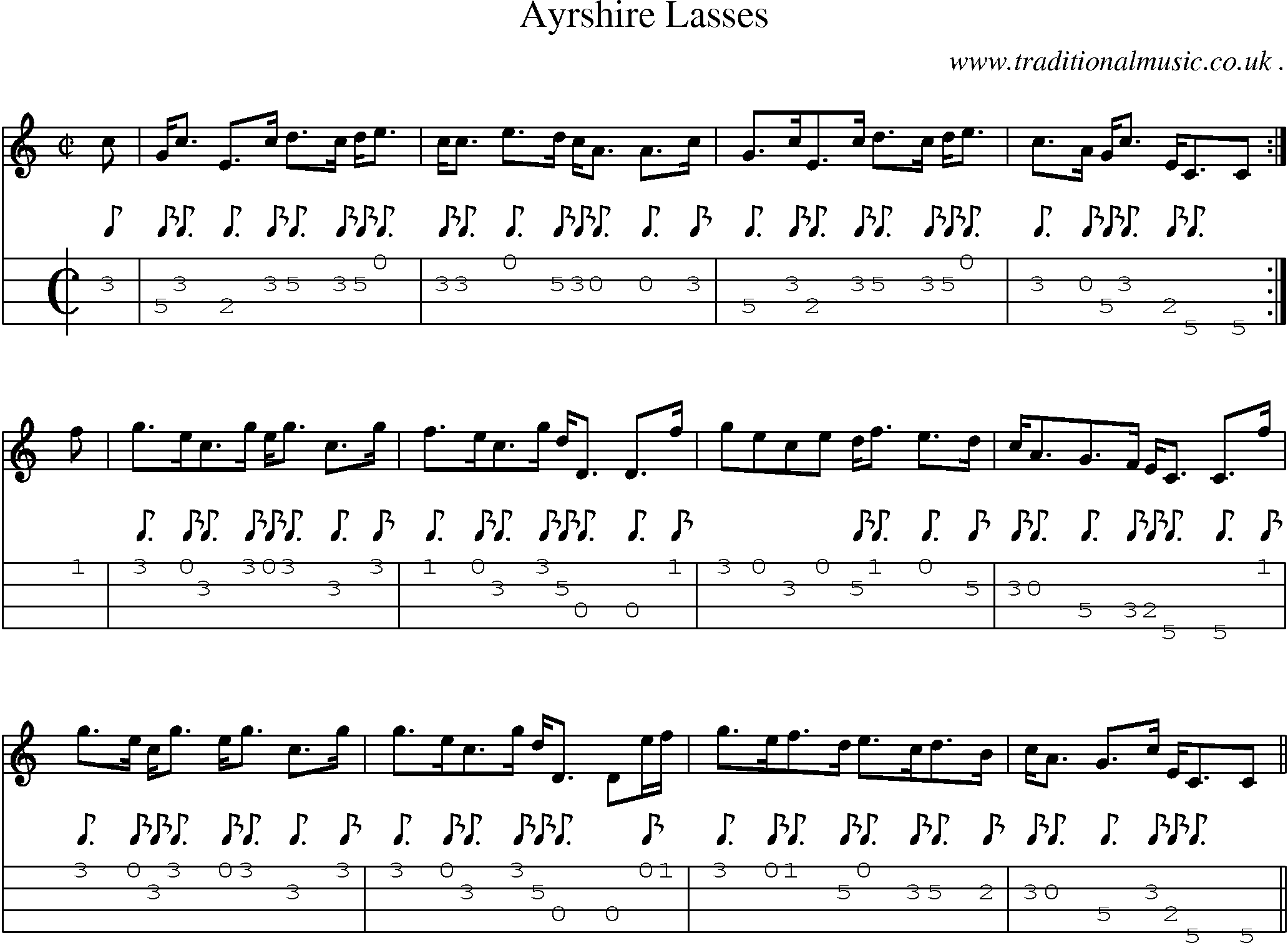 Sheet-music  score, Chords and Mandolin Tabs for Ayrshire Lasses
