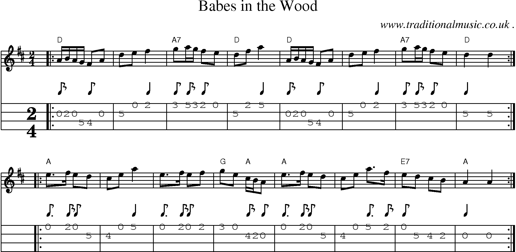Sheet-music  score, Chords and Mandolin Tabs for Babes In The Wood
