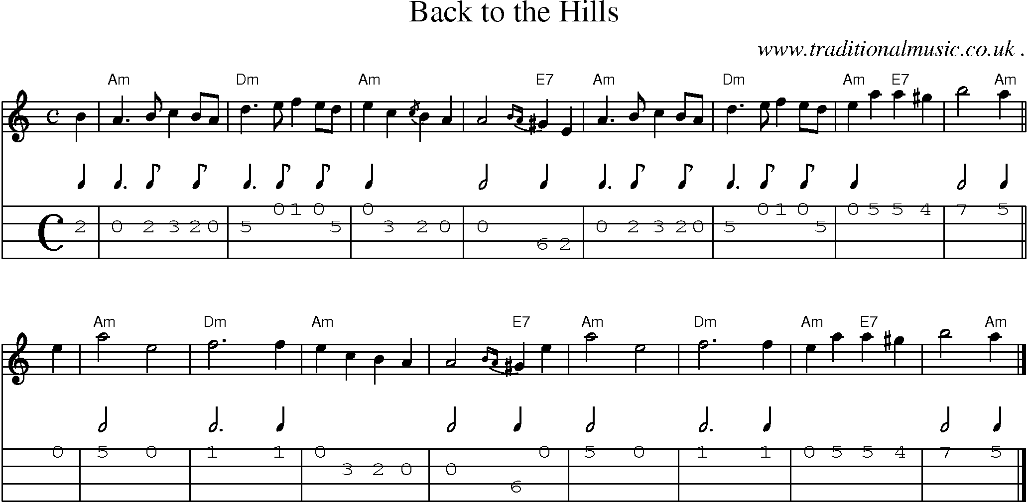 Sheet-music  score, Chords and Mandolin Tabs for Back To The Hills