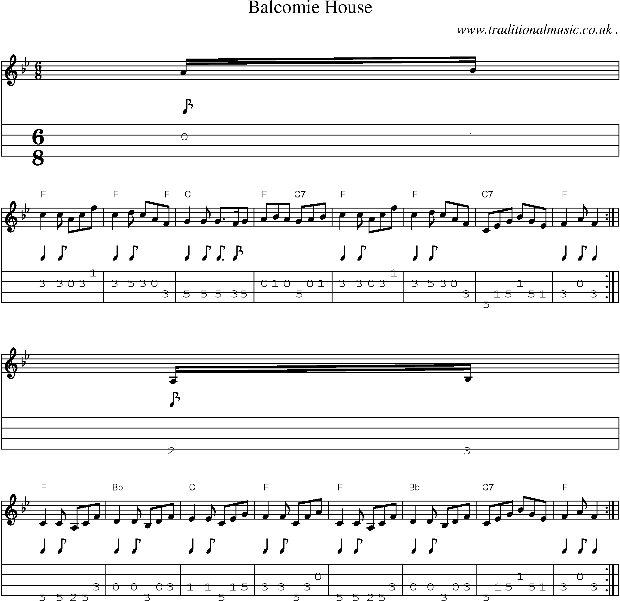 Sheet-music  score, Chords and Mandolin Tabs for Balcomie House