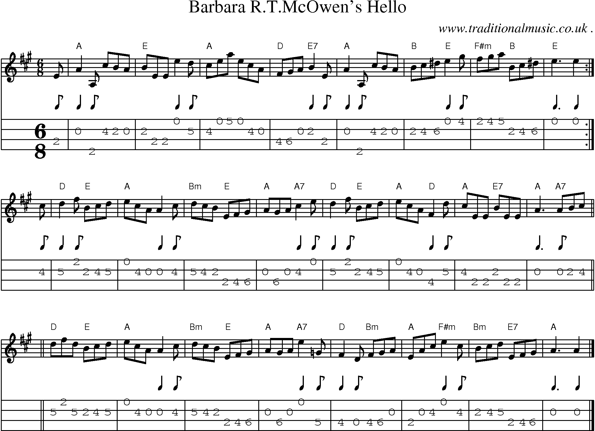 Sheet-music  score, Chords and Mandolin Tabs for Barbara Rtmcowens Hello