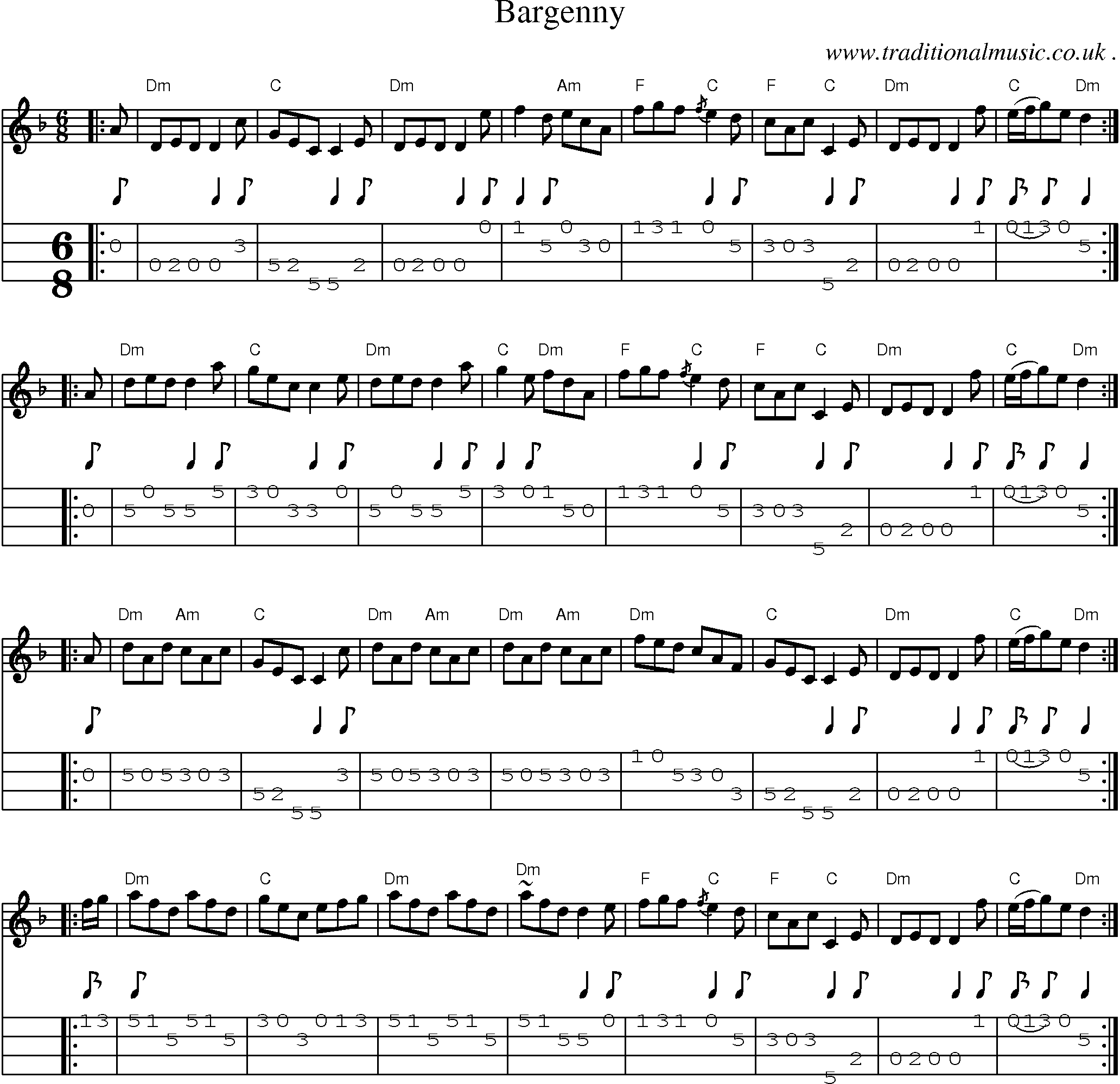 Sheet-music  score, Chords and Mandolin Tabs for Bargenny