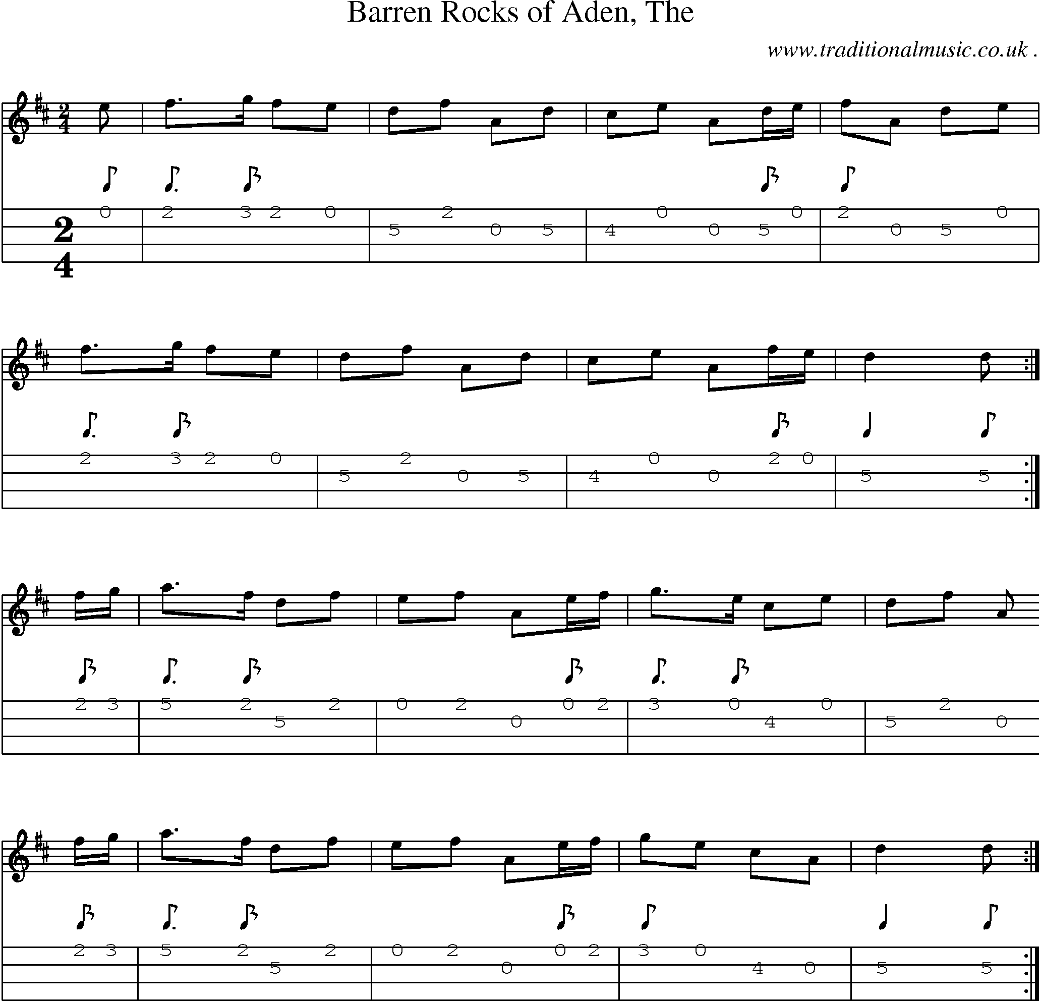 Sheet-music  score, Chords and Mandolin Tabs for Barren Rocks Of Aden The