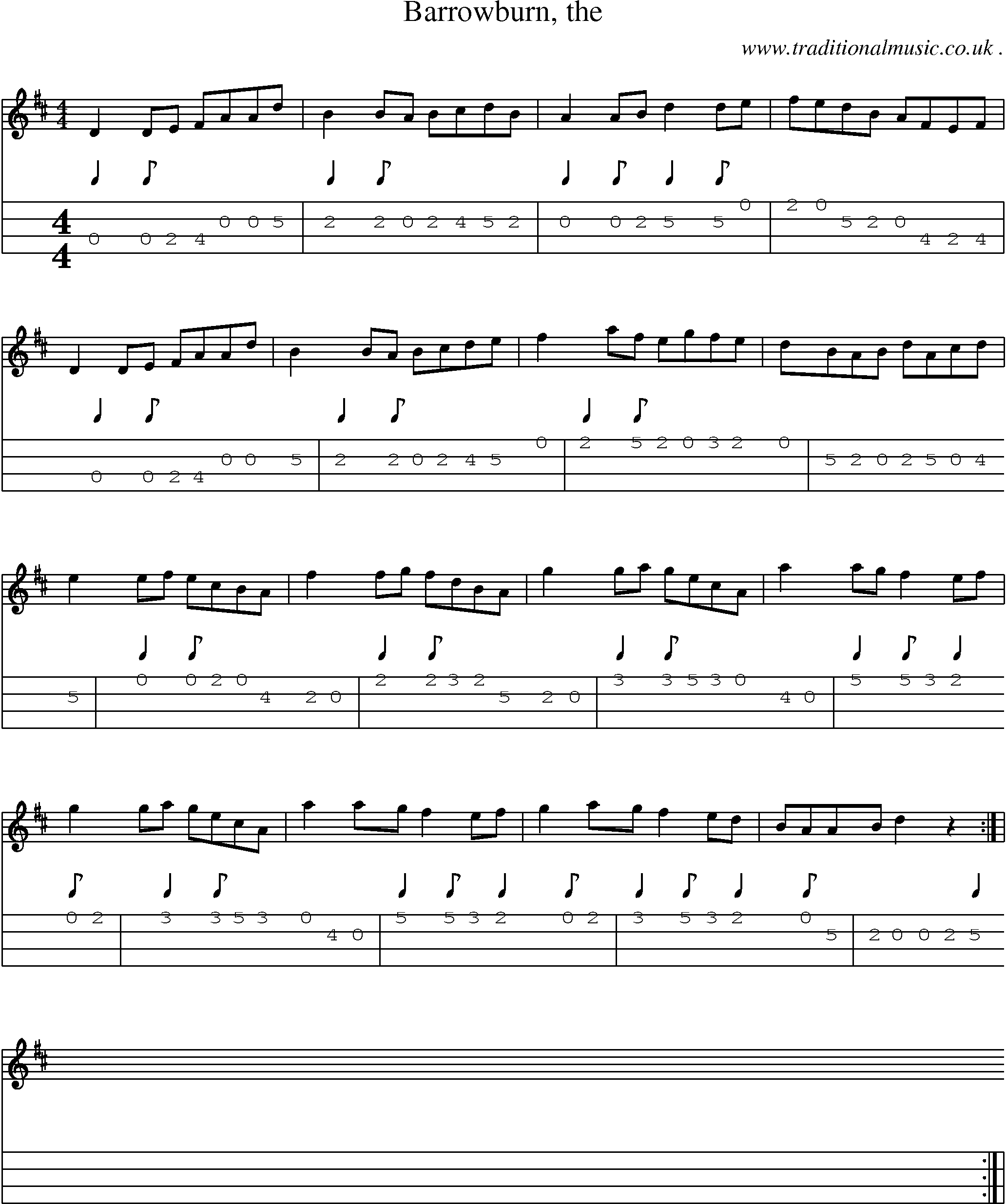 Sheet-music  score, Chords and Mandolin Tabs for Barrowburn The