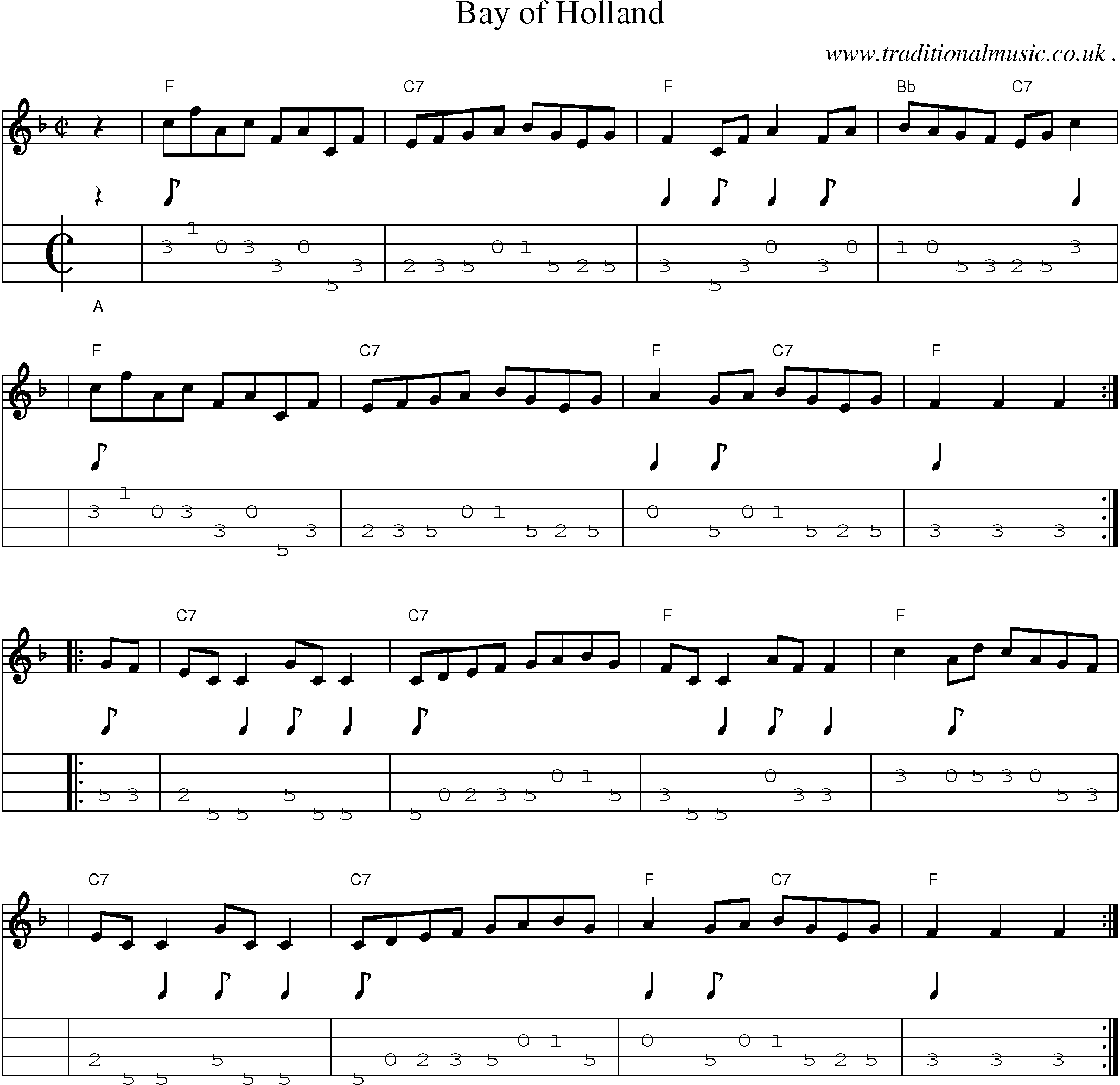 Sheet-music  score, Chords and Mandolin Tabs for Bay Of Holland