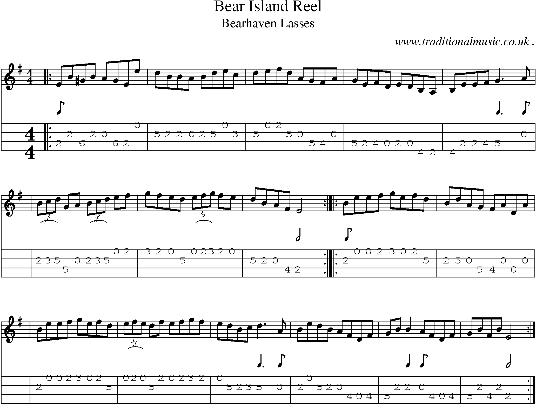 Sheet-music  score, Chords and Mandolin Tabs for Bear Island Reel