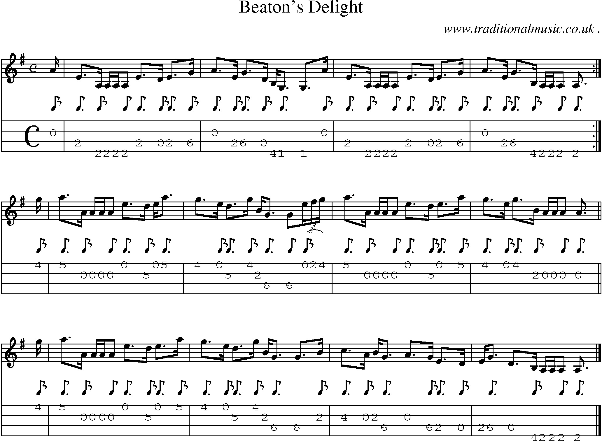 Sheet-music  score, Chords and Mandolin Tabs for Beatons Delight