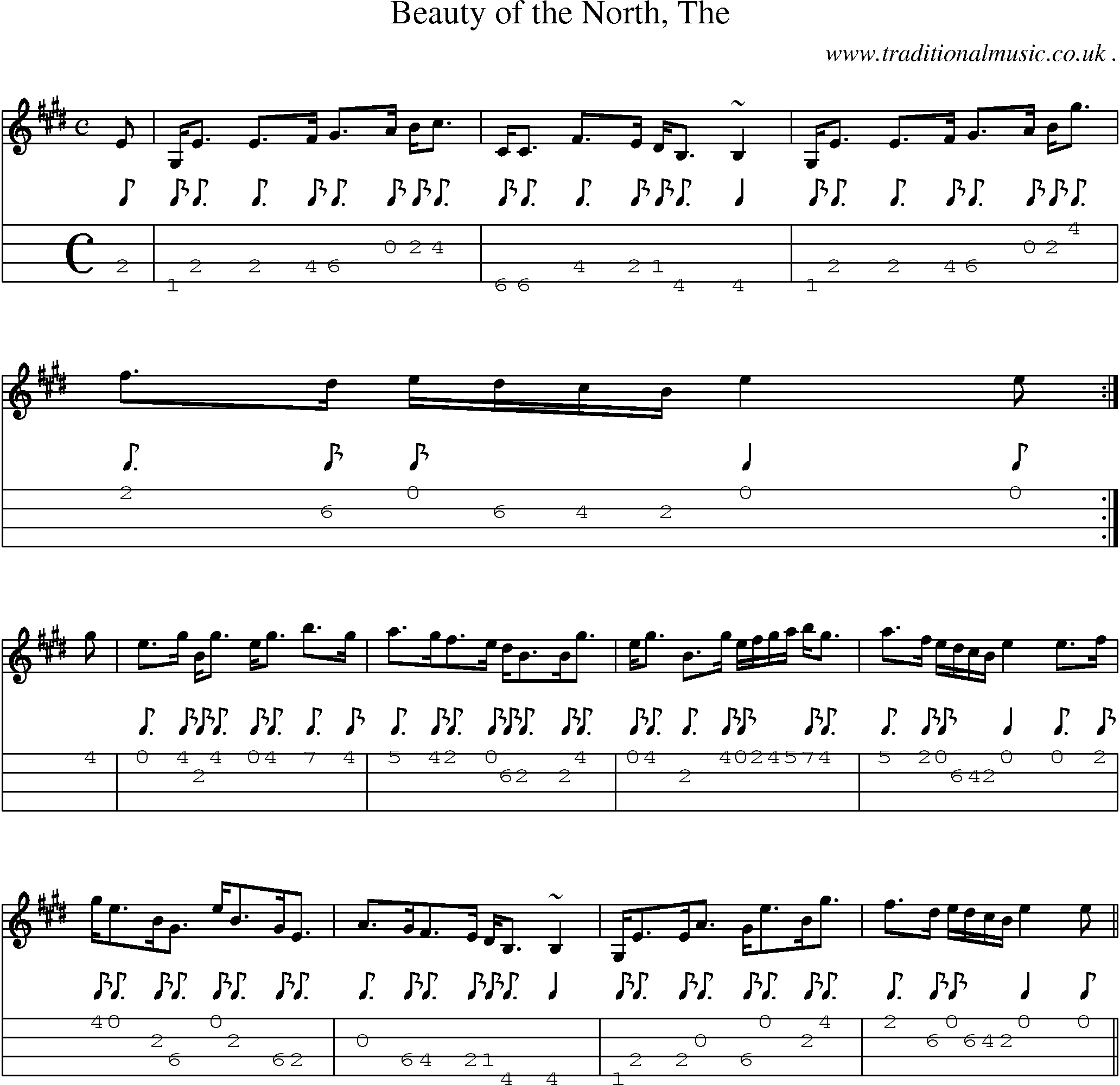 Sheet-music  score, Chords and Mandolin Tabs for Beauty Of The North The