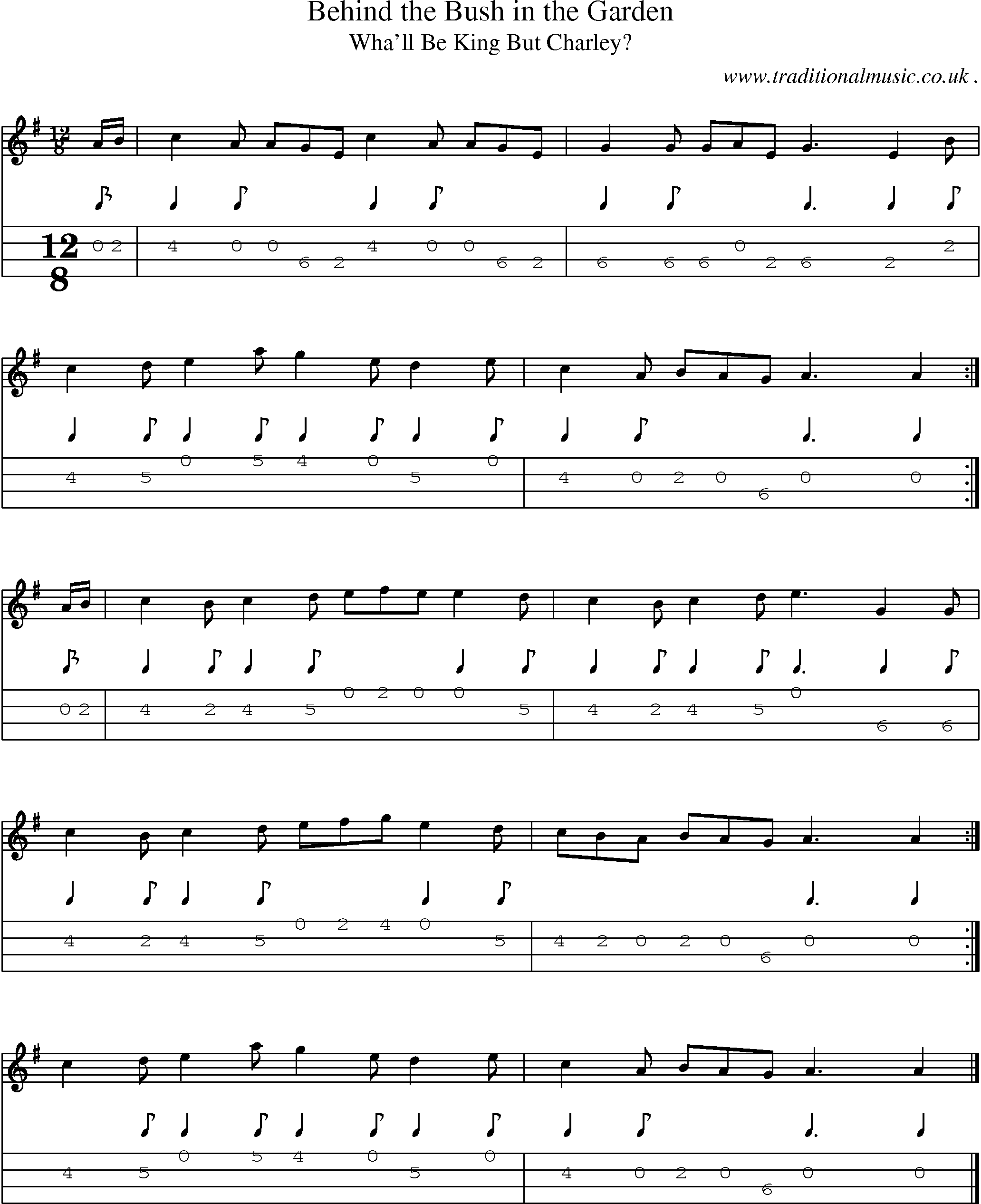 Sheet-music  score, Chords and Mandolin Tabs for Behind The Bush In The Garden