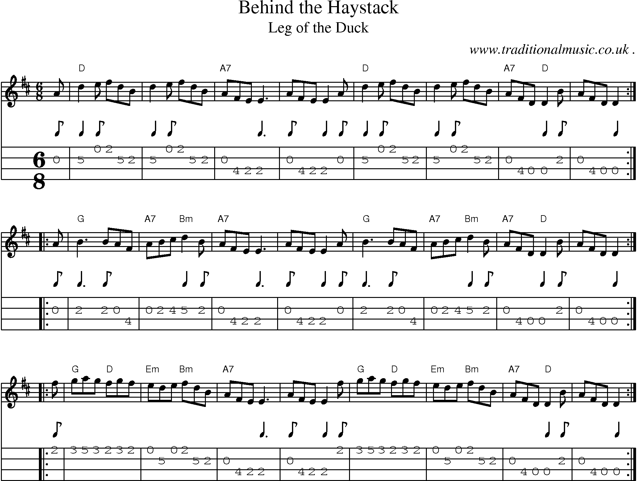 Sheet-music  score, Chords and Mandolin Tabs for Behind The Haystack