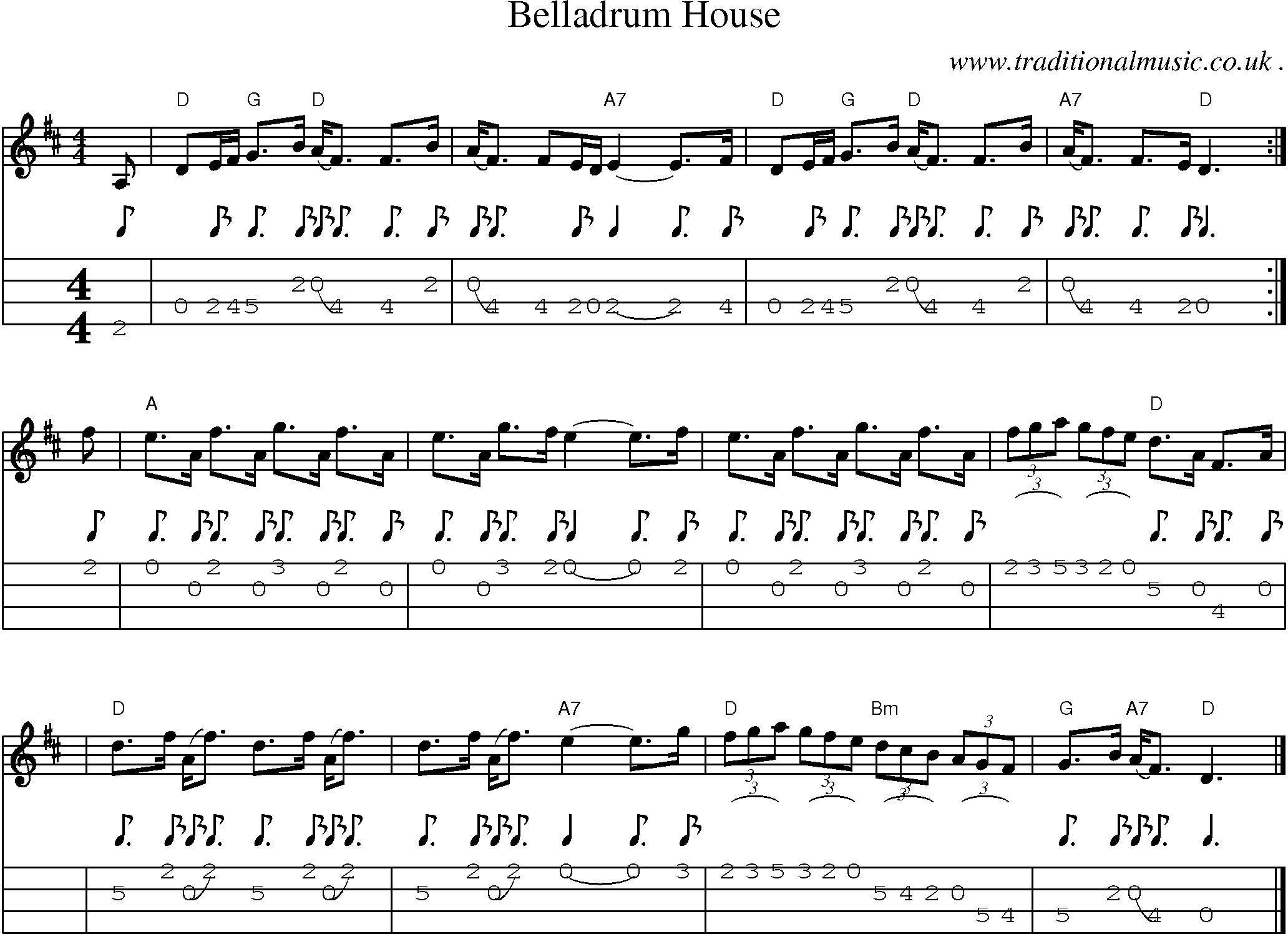 Sheet-music  score, Chords and Mandolin Tabs for Belladrum House