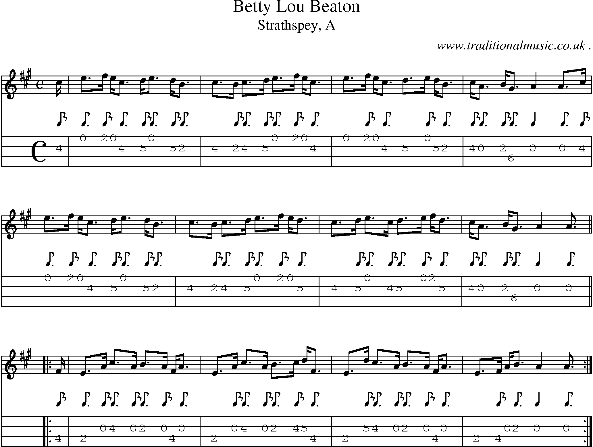 Sheet-music  score, Chords and Mandolin Tabs for Betty Lou Beaton