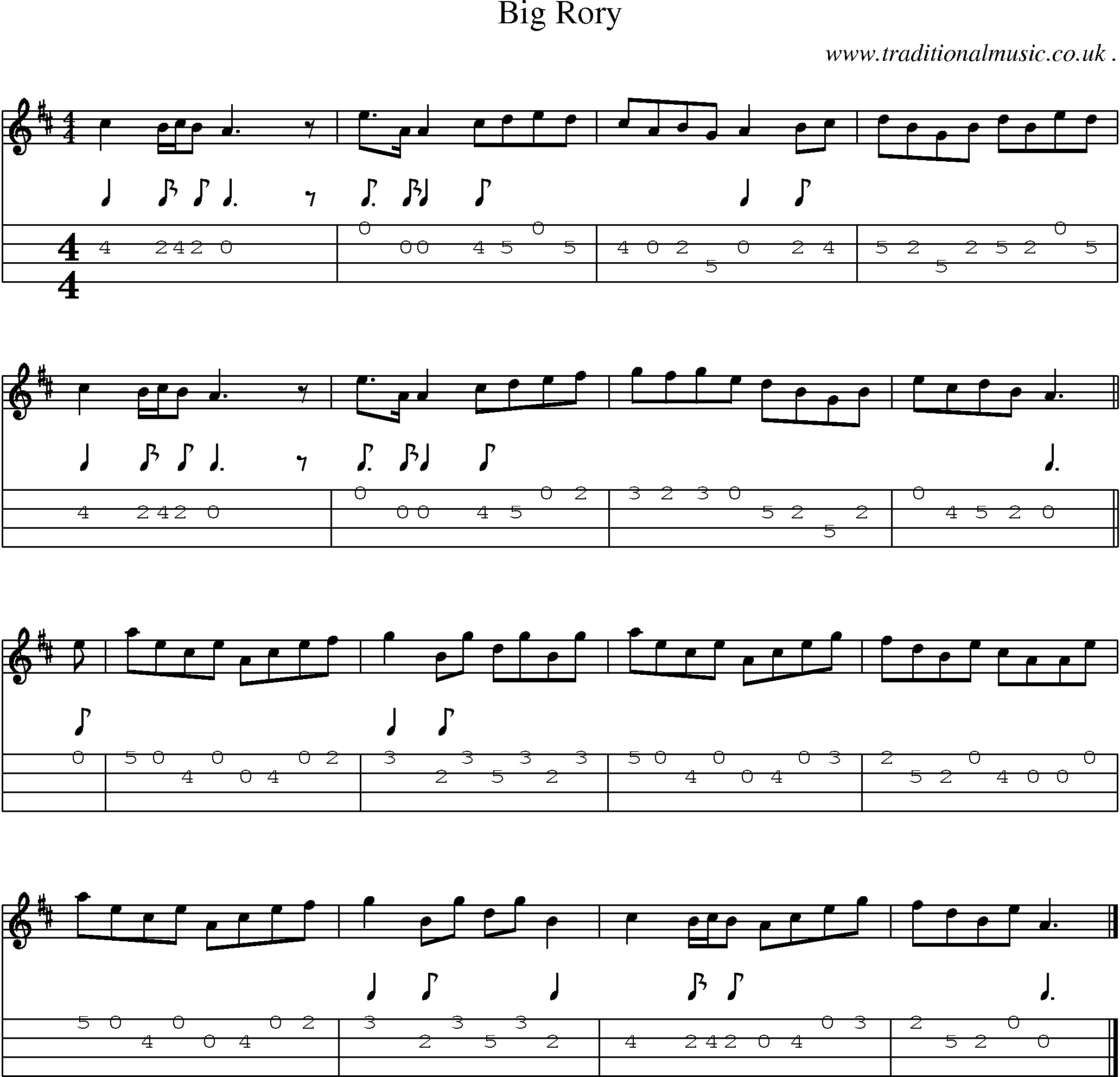 Sheet-music  score, Chords and Mandolin Tabs for Big Rory