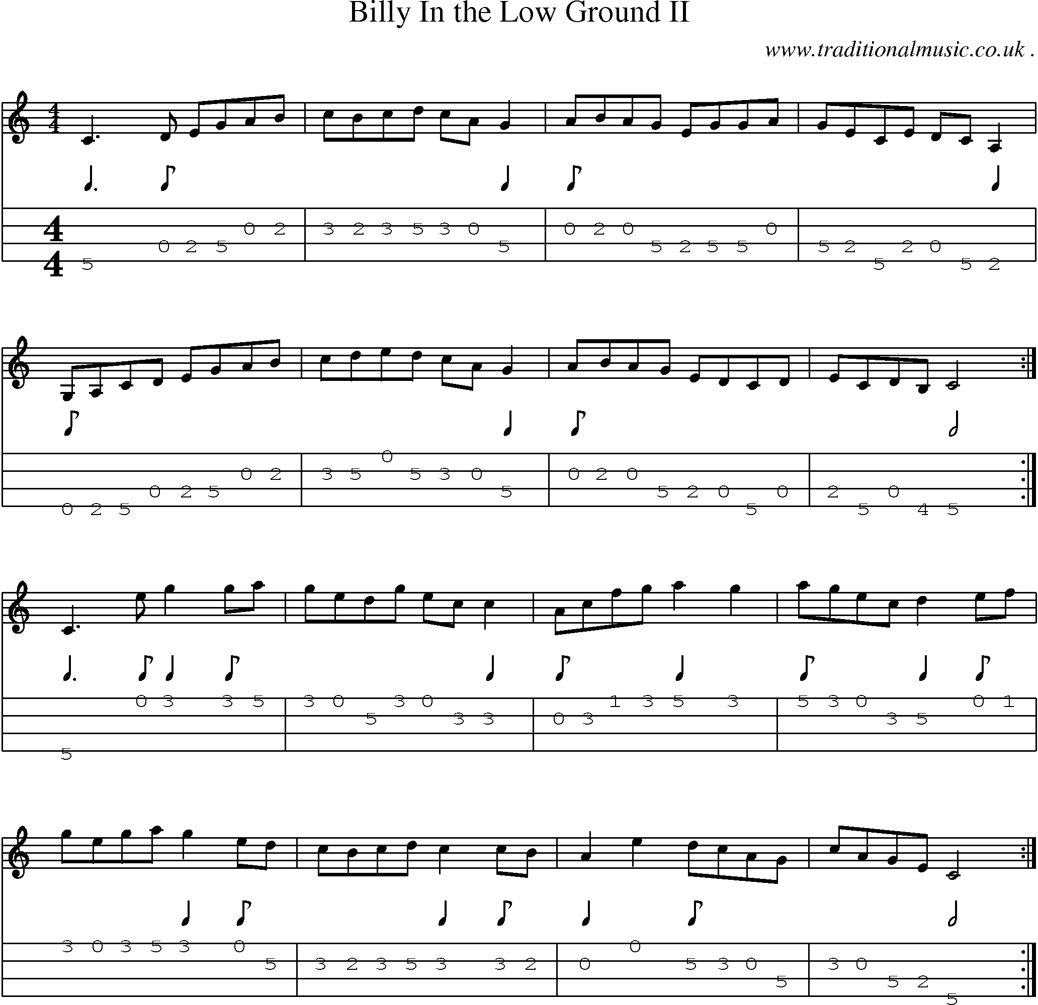 Sheet-music  score, Chords and Mandolin Tabs for Billy In The Low Ground Ii