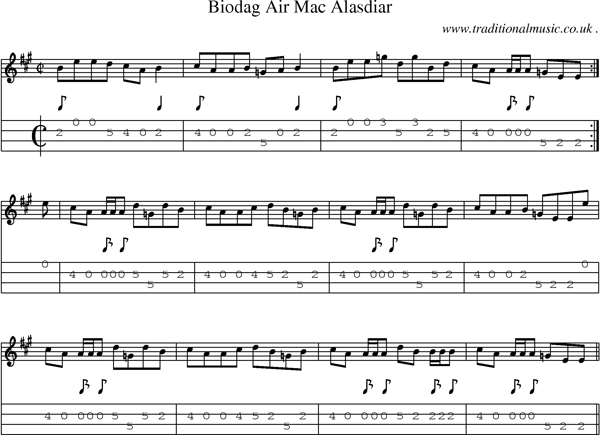 Sheet-music  score, Chords and Mandolin Tabs for Biodag Air Mac Alasdiar