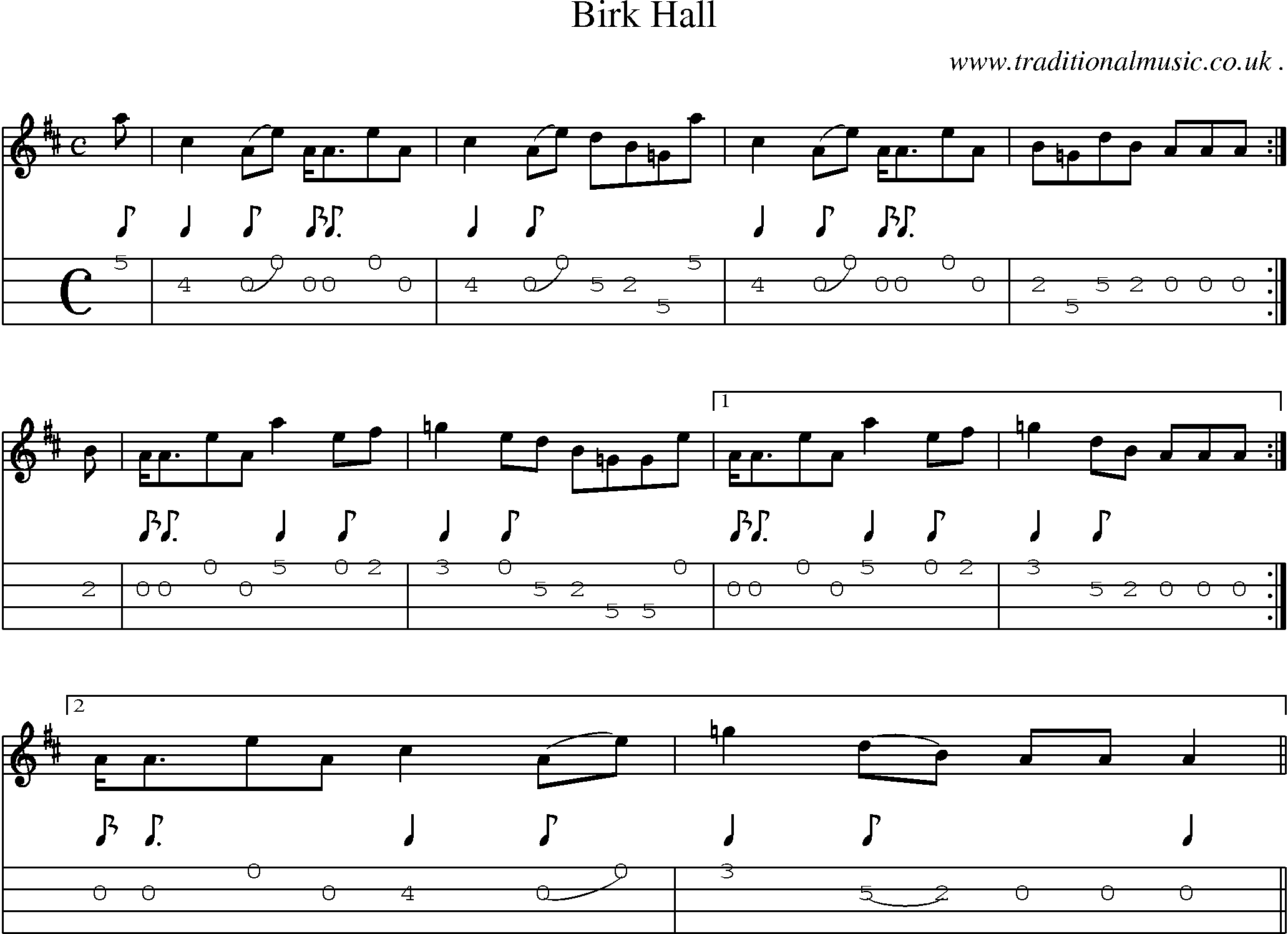 Sheet-music  score, Chords and Mandolin Tabs for Birk Hall