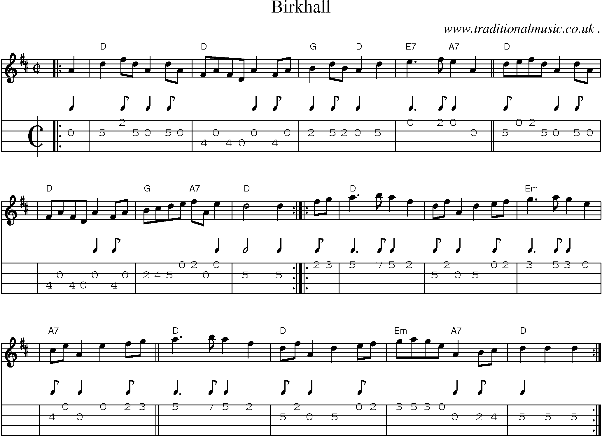 Sheet-music  score, Chords and Mandolin Tabs for Birkhall
