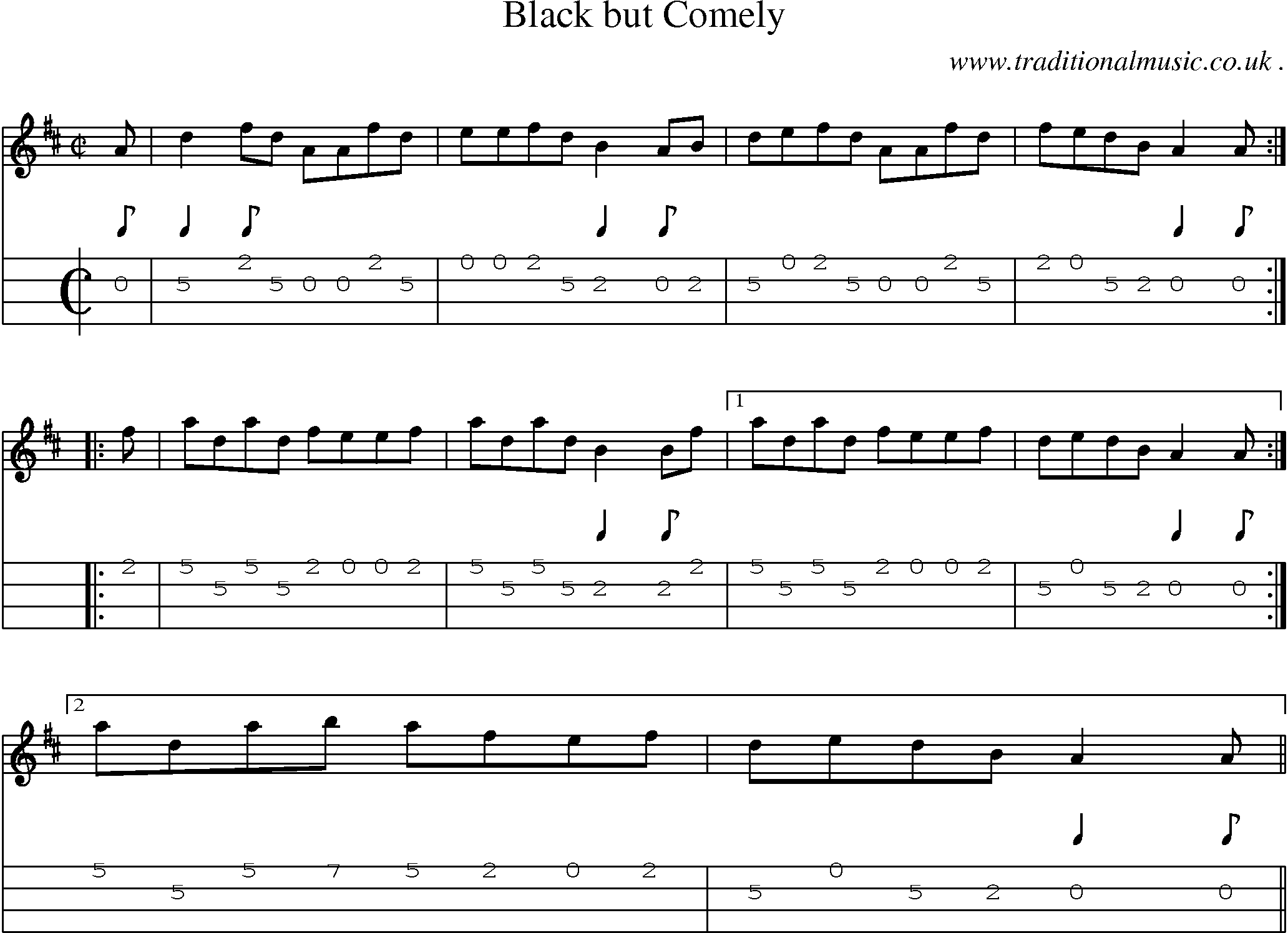Sheet-music  score, Chords and Mandolin Tabs for Black But Comely