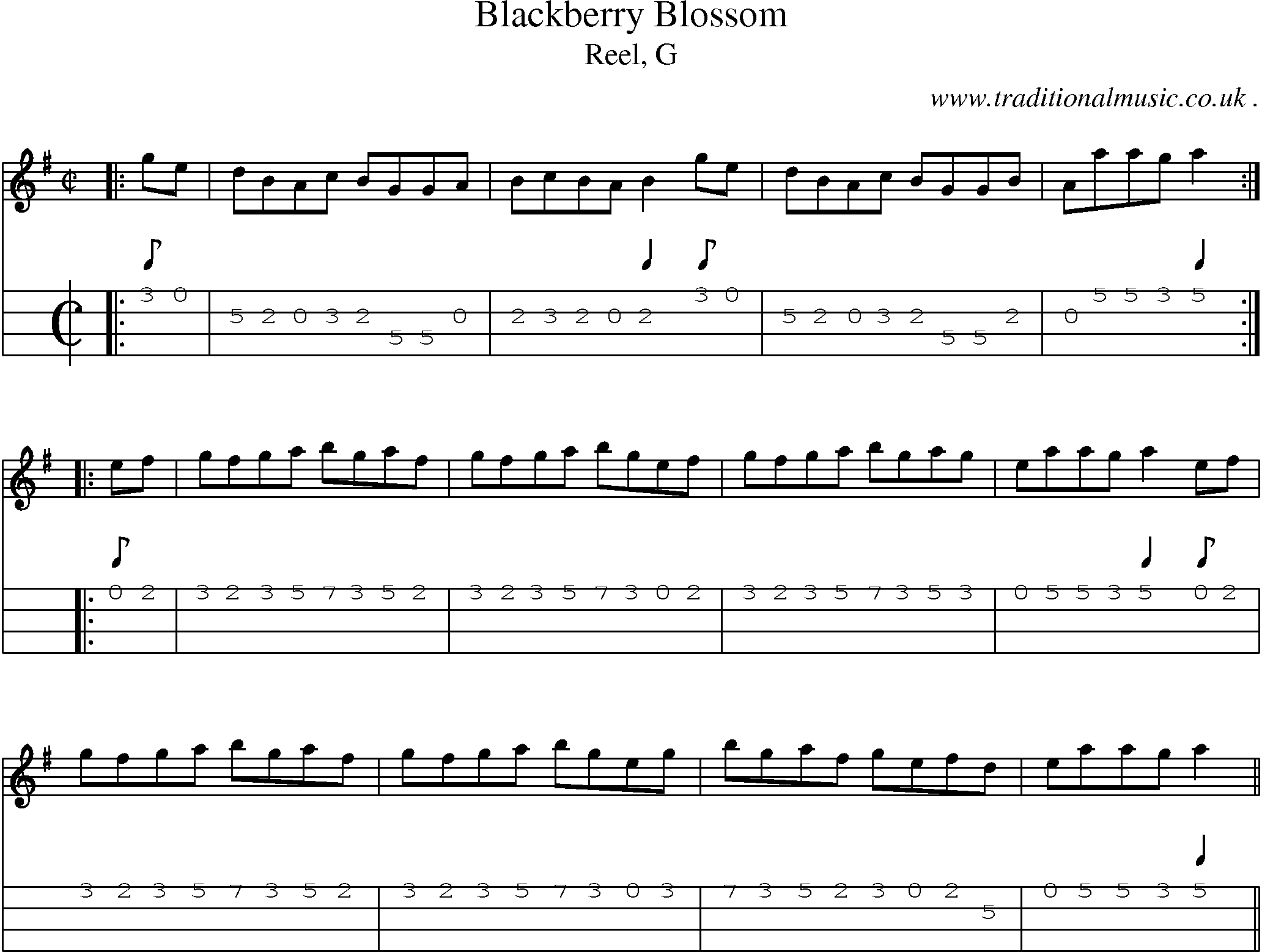 Sheet-music  score, Chords and Mandolin Tabs for Blackberry Blossom