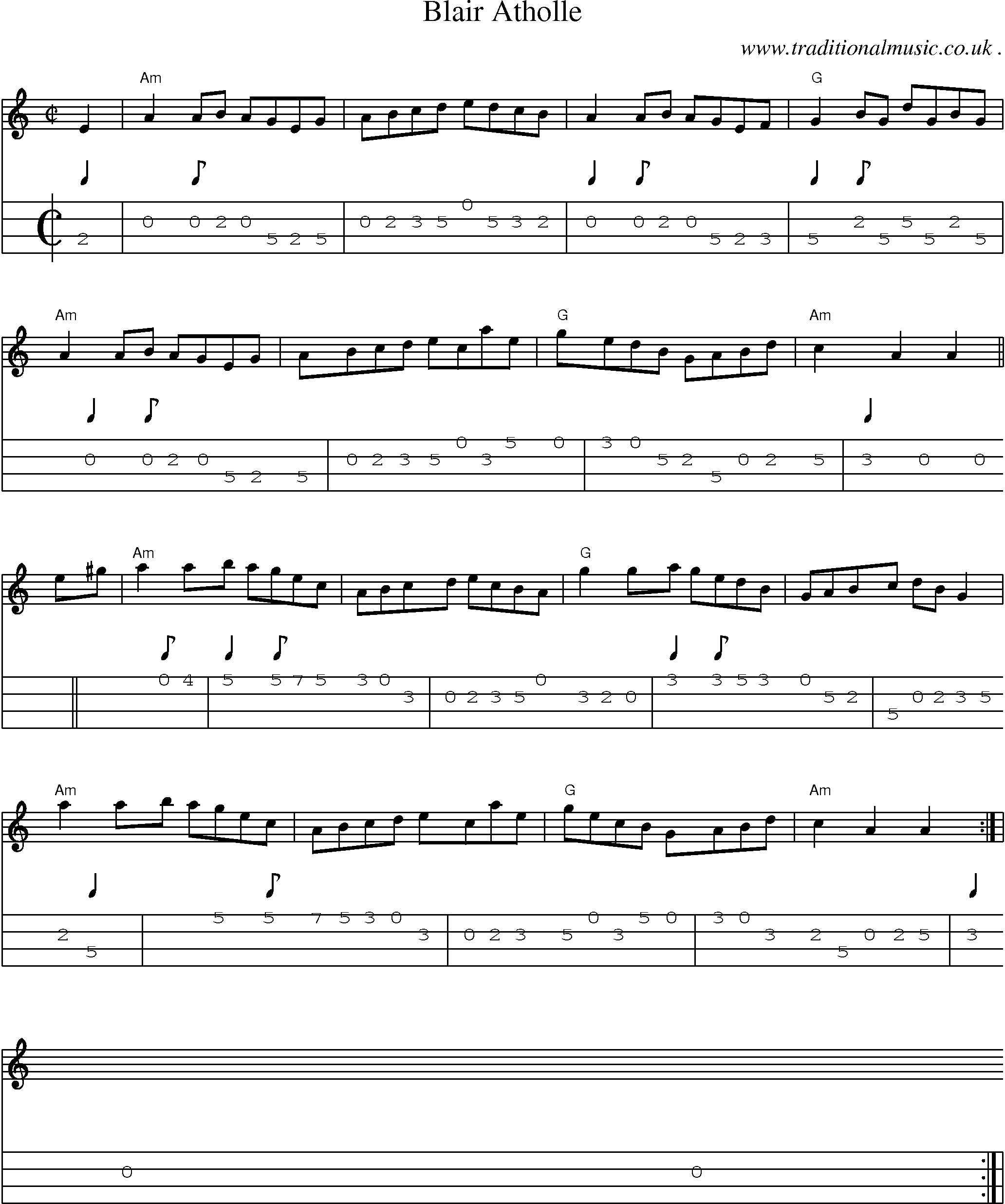 Sheet-music  score, Chords and Mandolin Tabs for Blair Atholle