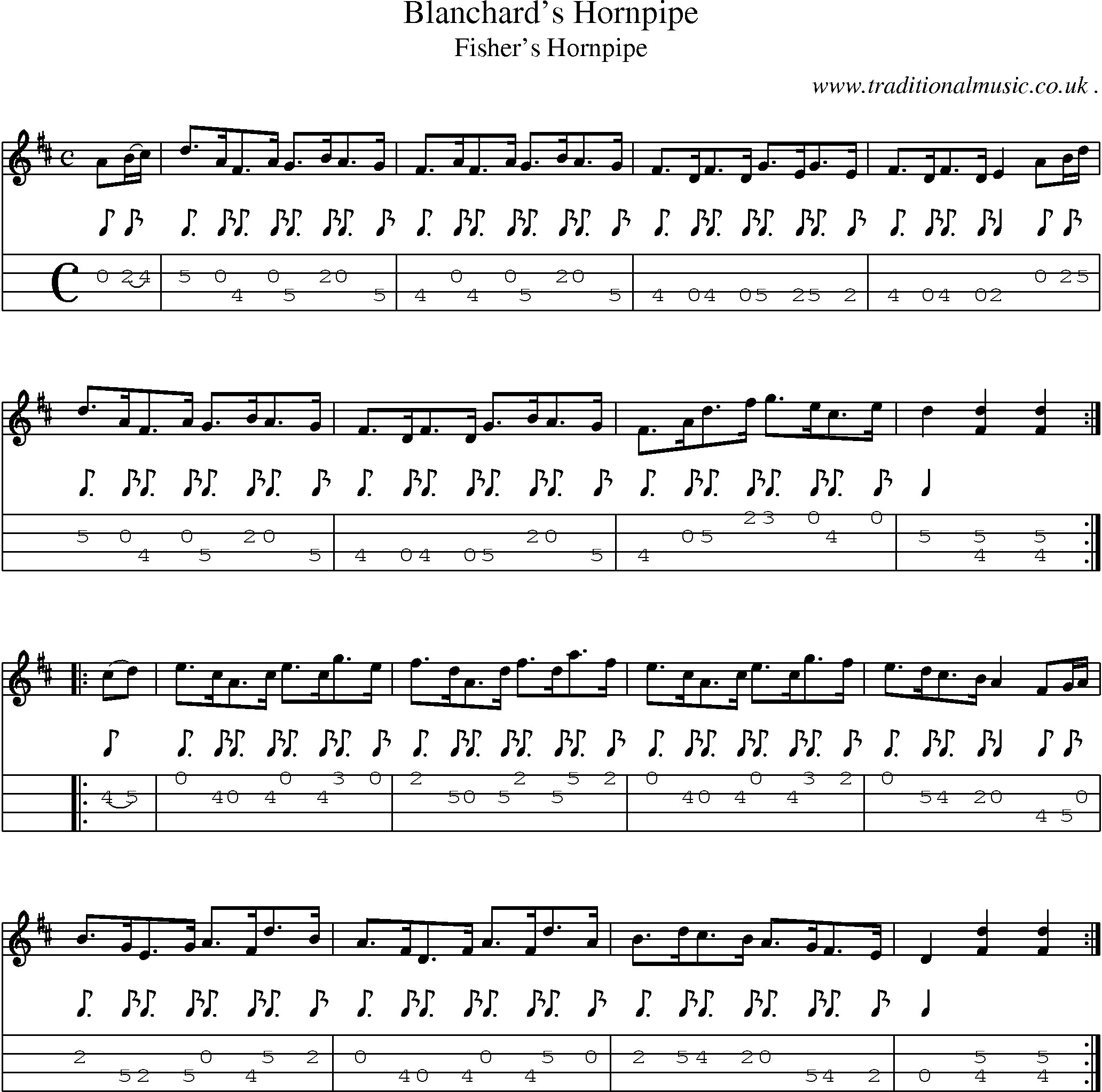Sheet-music  score, Chords and Mandolin Tabs for Blanchards Hornpipe