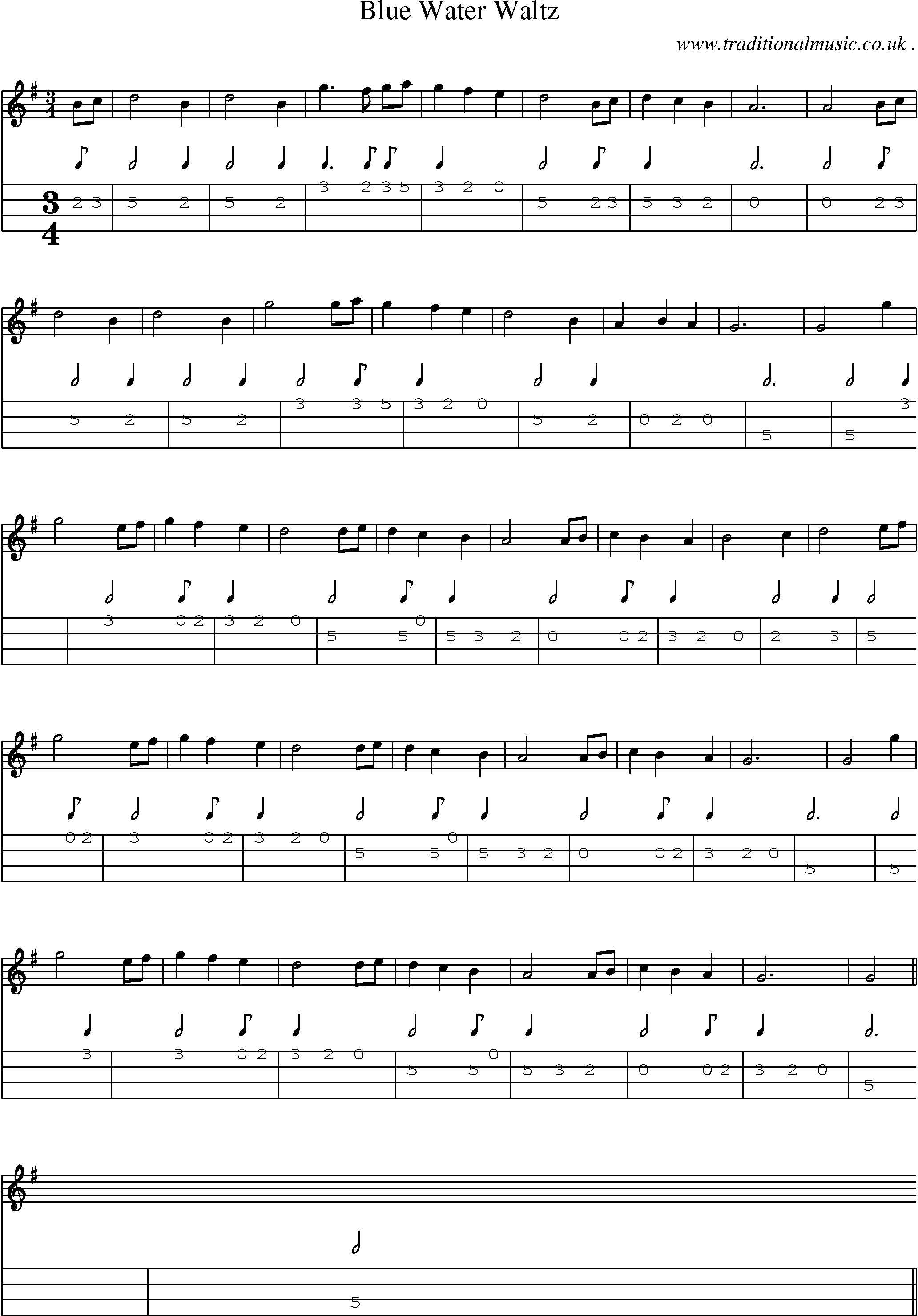 Sheet-music  score, Chords and Mandolin Tabs for Blue Water Waltz