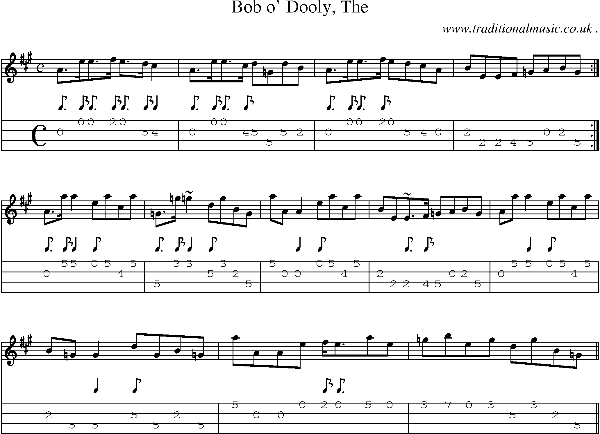 Sheet-music  score, Chords and Mandolin Tabs for Bob O Dooly The