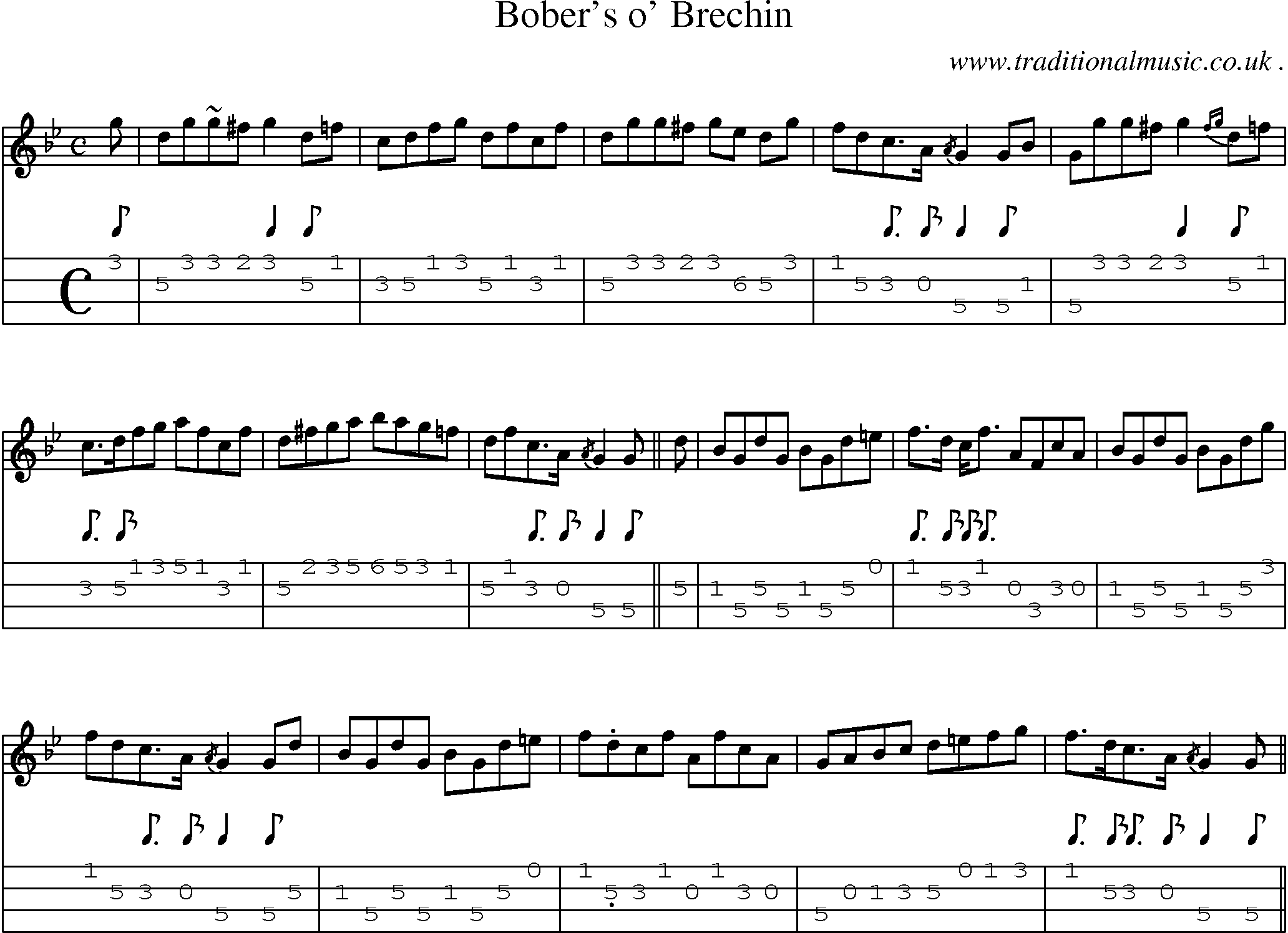 Sheet-music  score, Chords and Mandolin Tabs for Bobers O Brechin